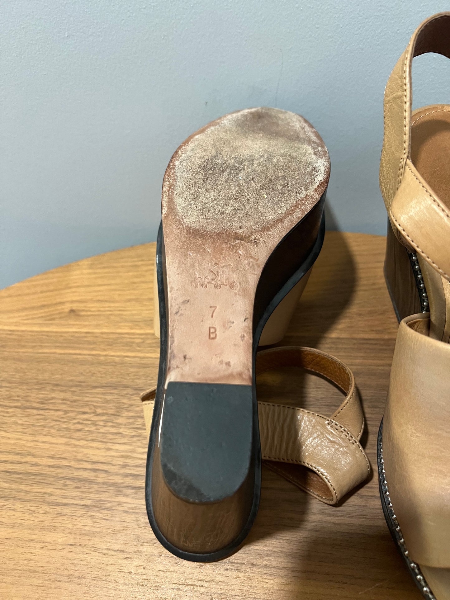 Seller #76 - Coach Harla Platform Leather Wedges Bead Trim Sandals Tan Size 7 Ankle Strap