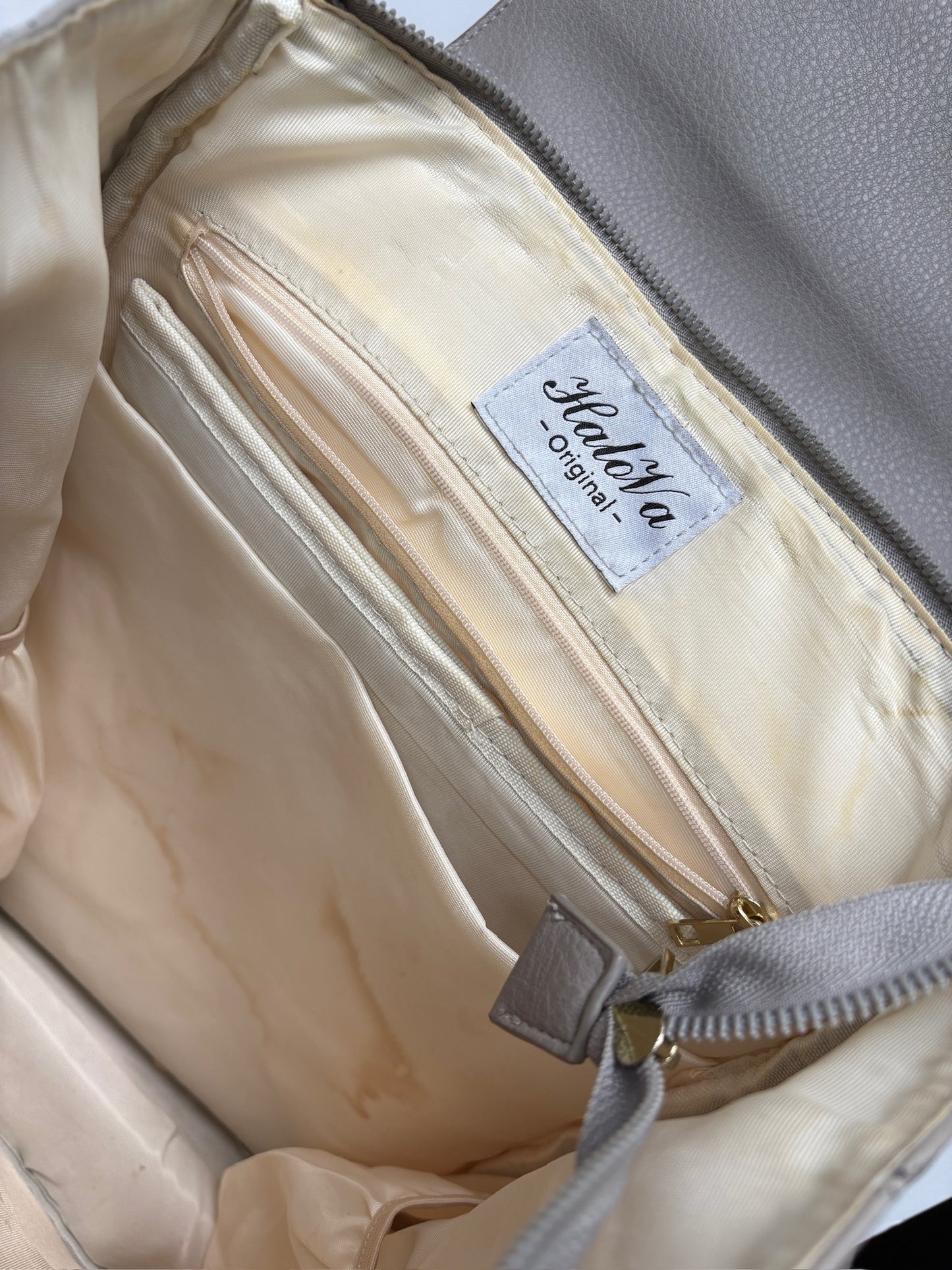 Seller #105 - Halova Gray Faux Leather Diaper Bag - GUC (see photos please)
