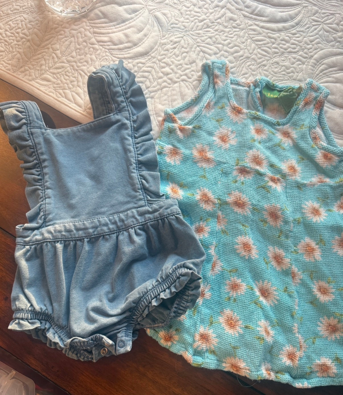 #51 REDUCED 12M Bundle: Denim Romper and Sunflower Dress