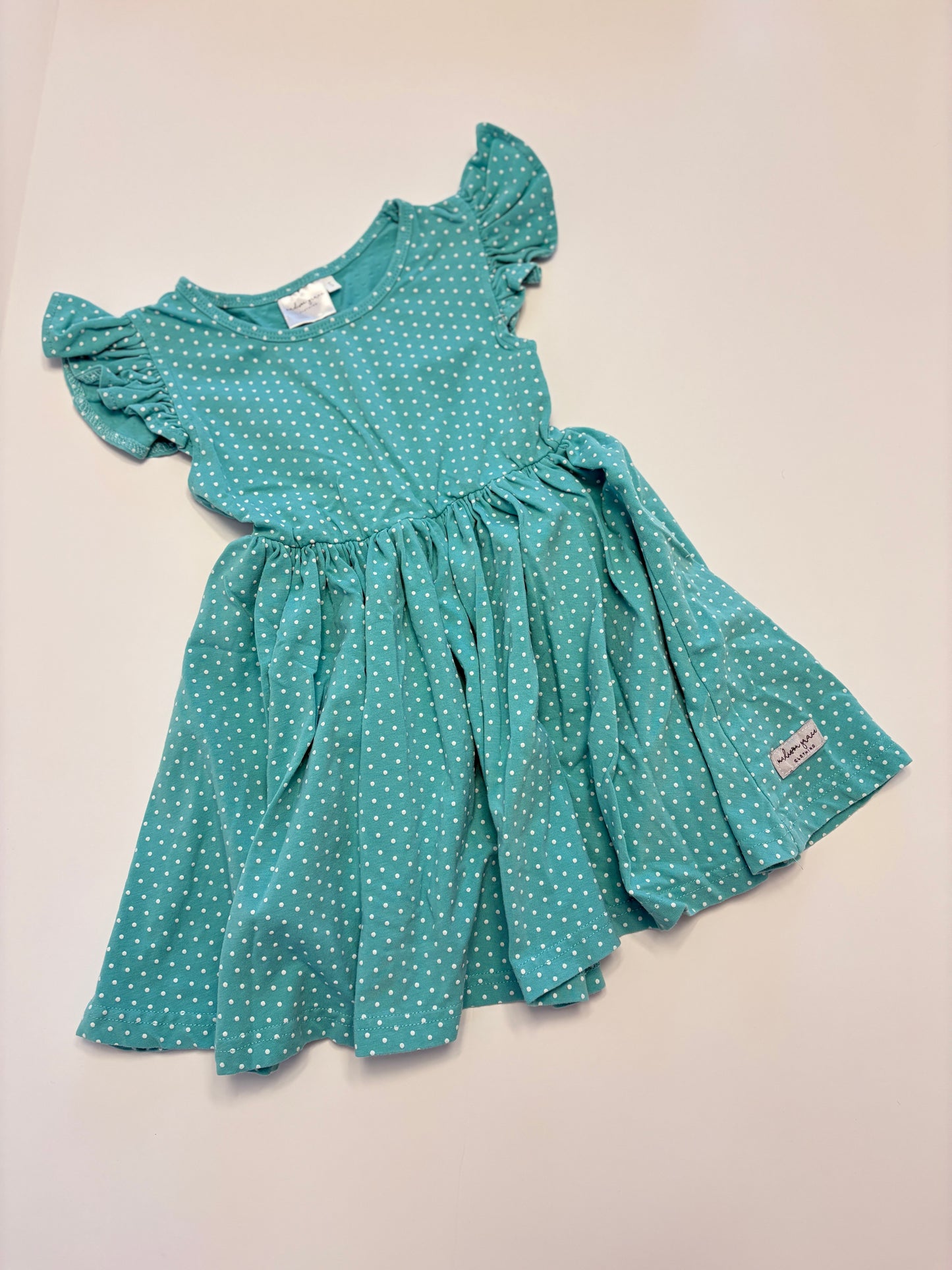 #121 Girls (fits like) 3T Madison Grace teal twirl dress, EUC