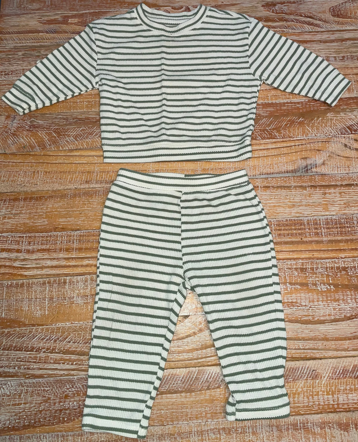 #4 Cat and Jack Boys 6-9 month green striped waffle outfit