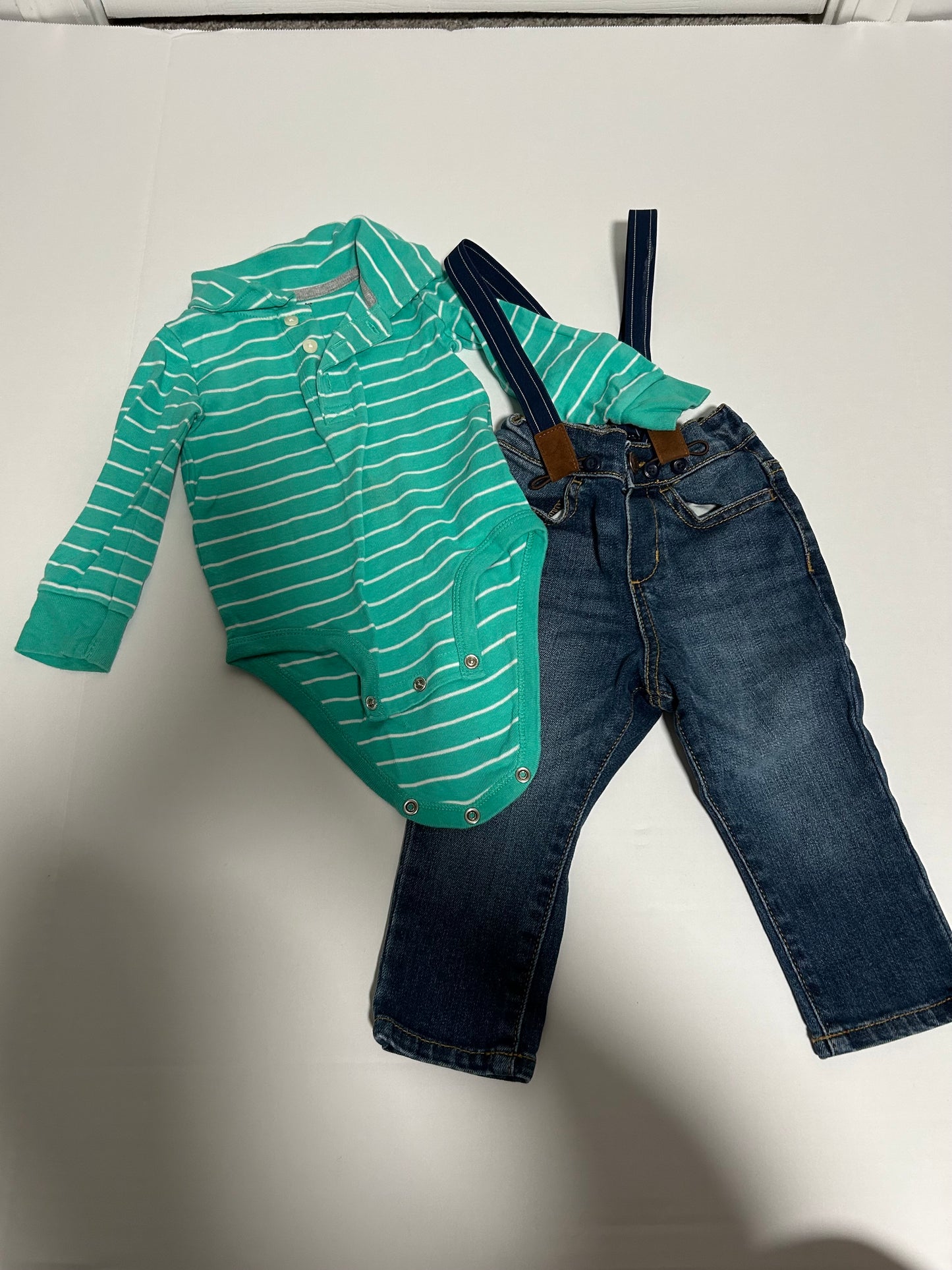#27 Boys 9-12 months Carters polo onesie + suspenders