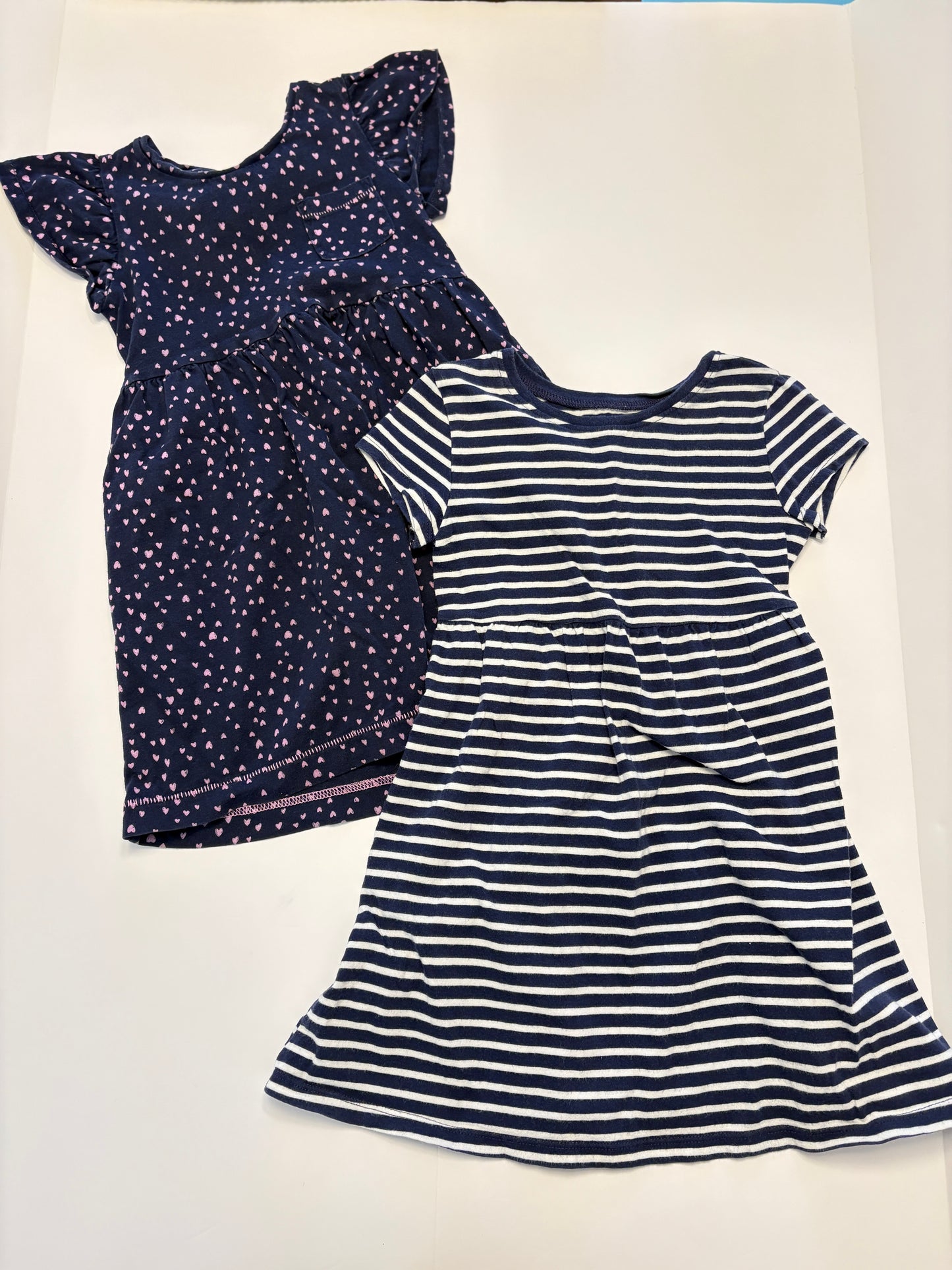 #121 Girls (fits like) 3/4T set of two cotton dresses, Baby Gap hearts and Old Navy stripe, VGUC