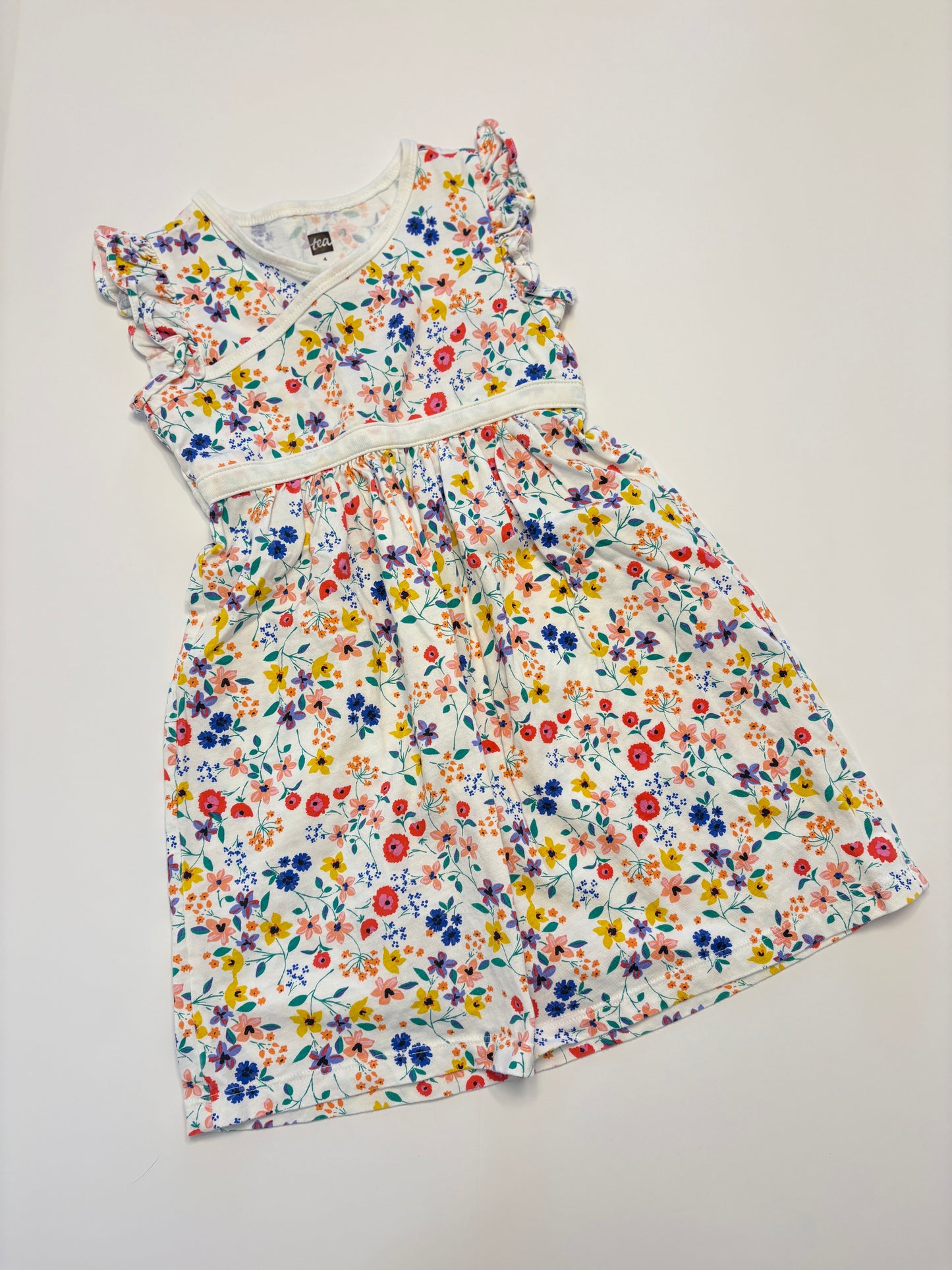 #121 Girls 4T Tea Collection white with colorful flowers dress, EUC