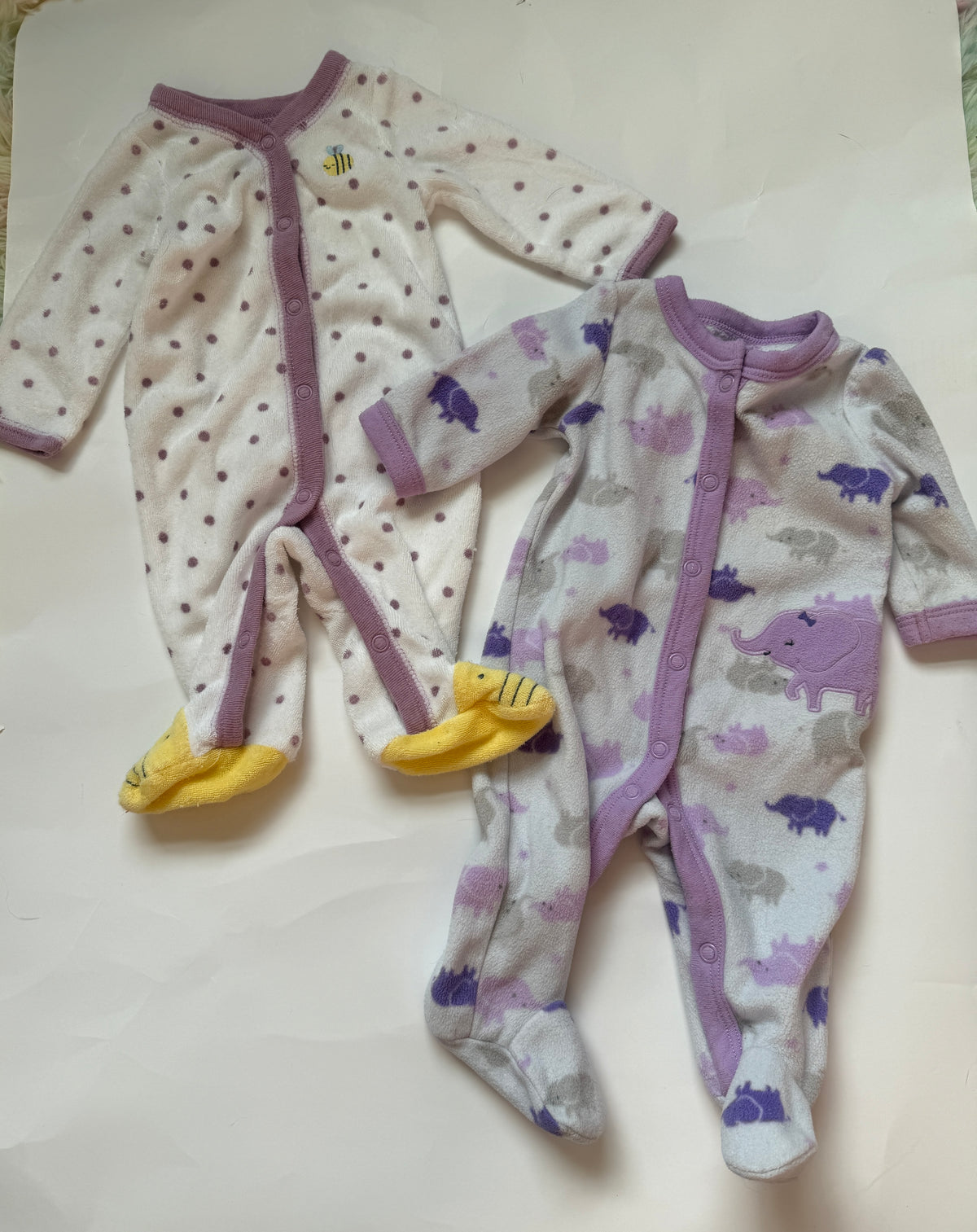 #170 carters 2 pair sleepers/bodysuit purple terry cloth bees and purple fleece elephants girls newborn