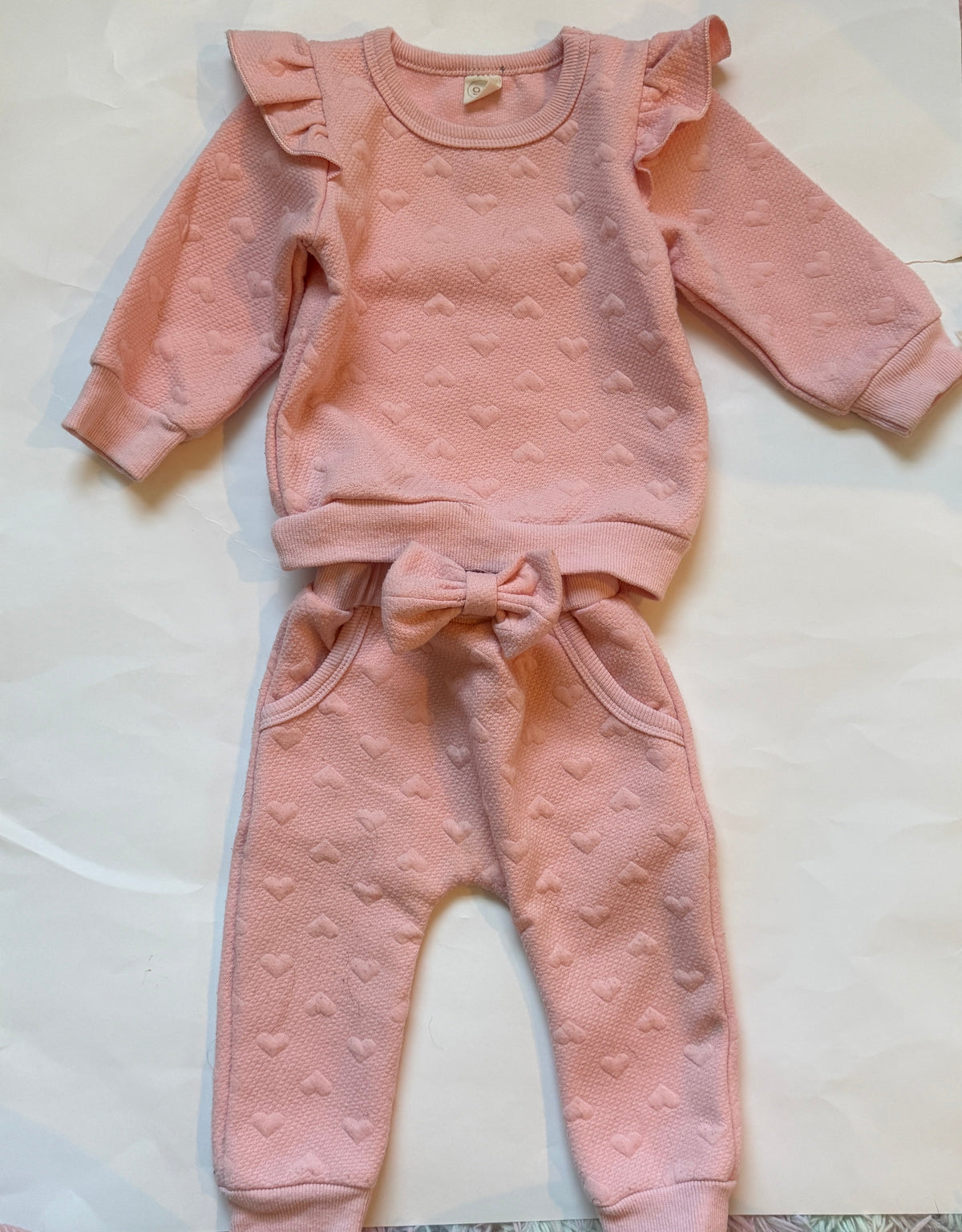 #170 Pink Hearts and ruffle sleeve sweatshirt with matching sweatpants with pockets and bow girls 90 (fits like 12-18 months)