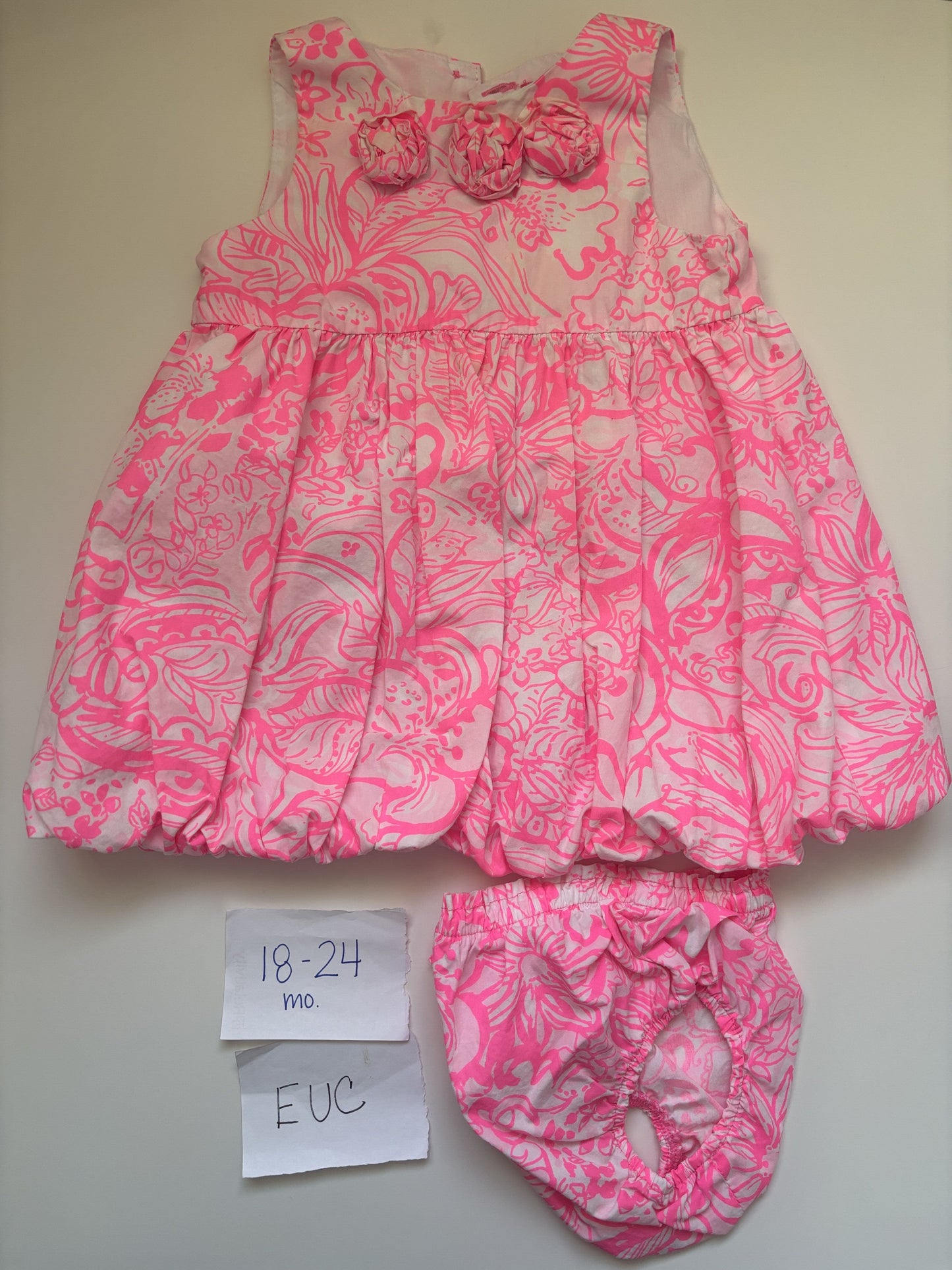 #77 - 18-24 Mo - EUC Lilly Pulitzer - Pink Dress with rossettes and diaper cover
