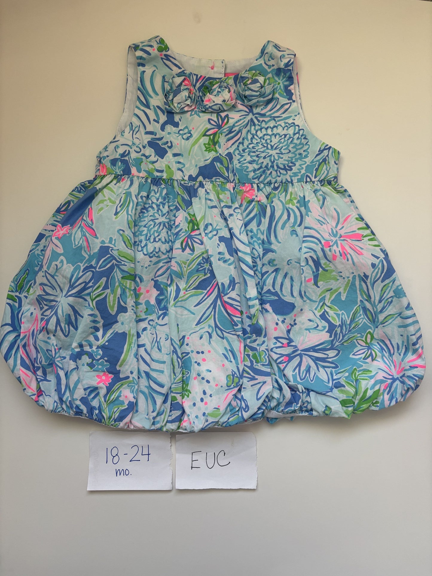 #77 - 18-24 Mo - EUC Lilly Pulitzer - Blue Floral Dress with Rossettes and Diaper Cover