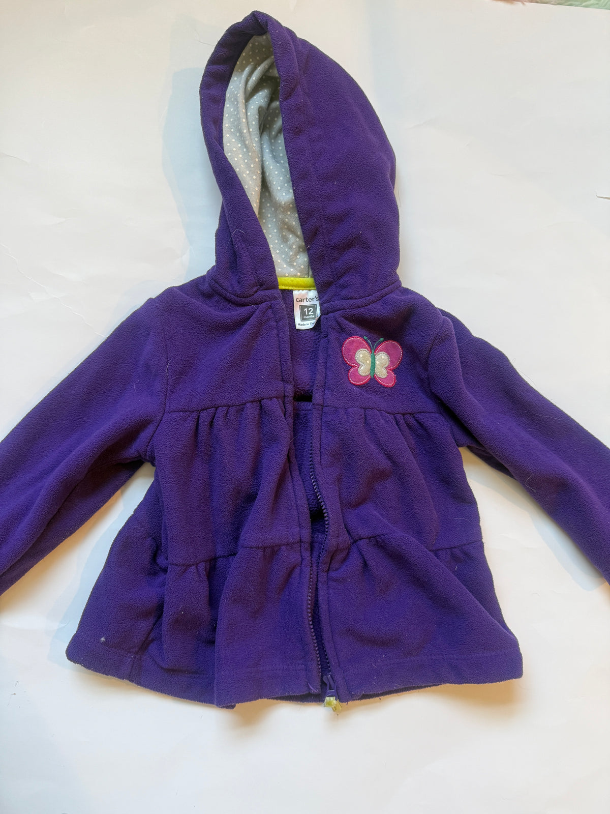 #170 Purple fleece hooded jacket with butterfly girls 12 months