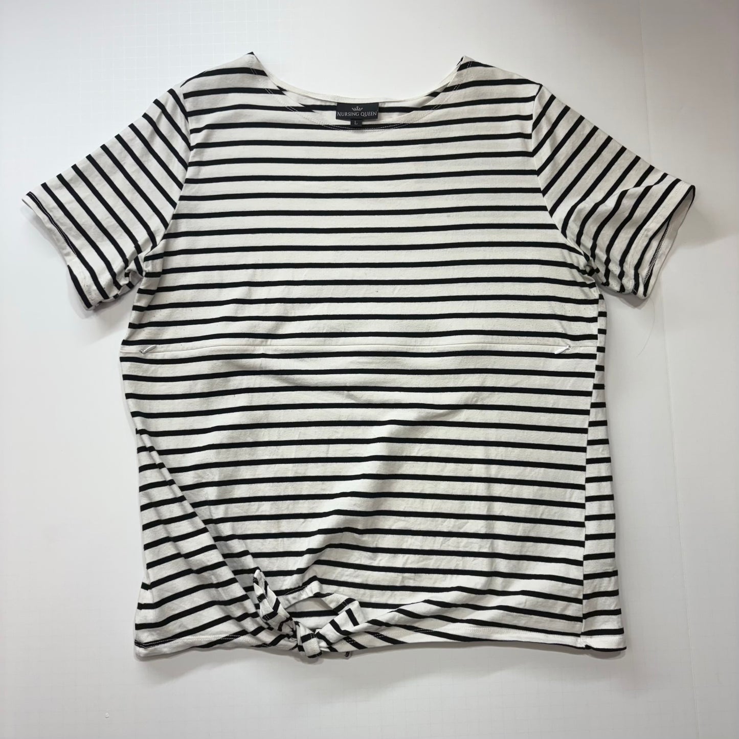 Seller 189 Women’s Large Nursing Queen Black/White Striped Nursing T-Shirt with Front Tie GUC