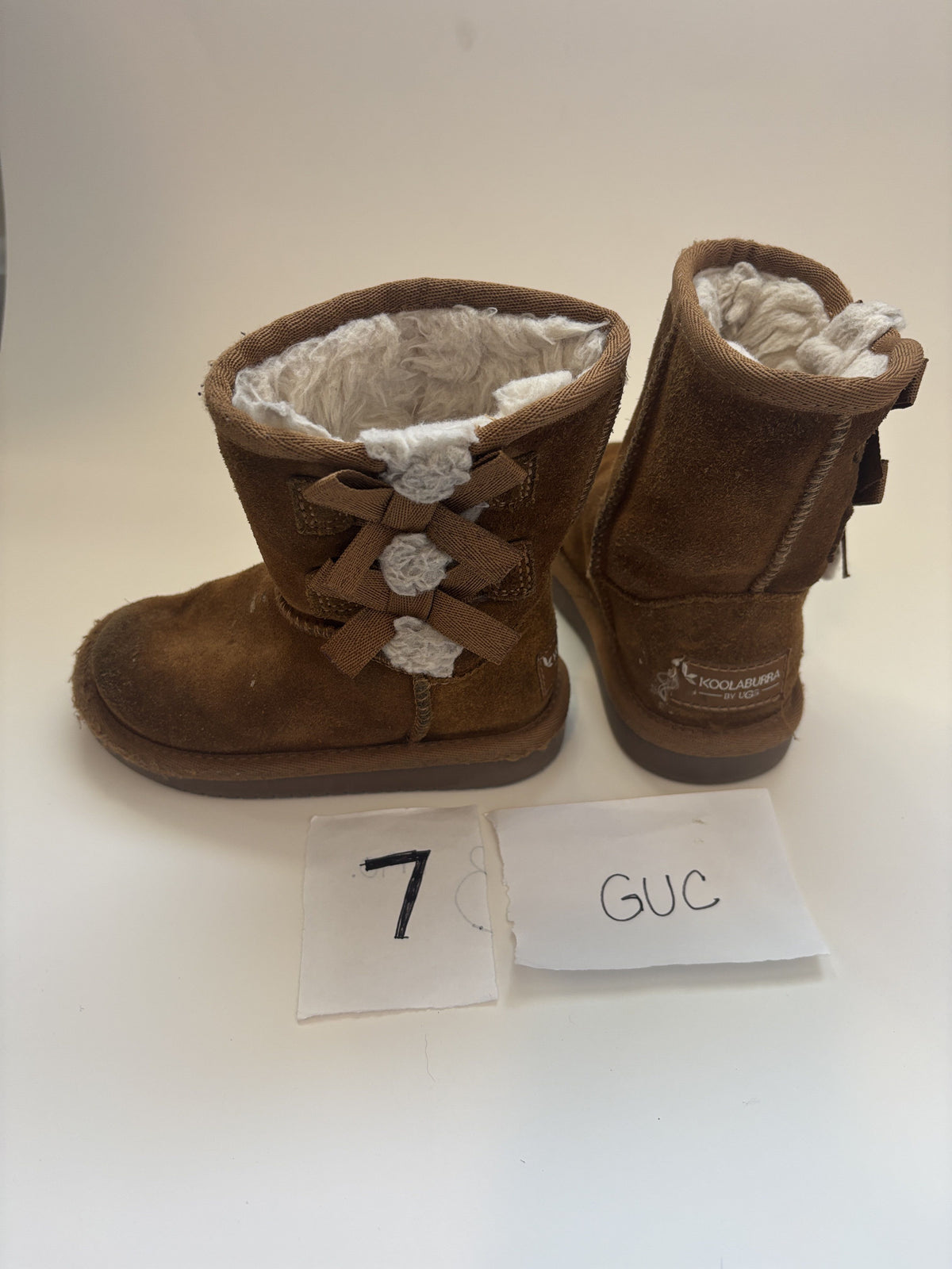 #138 - 7T Shoe GUC Koolaburra Tan Boots w/Bows