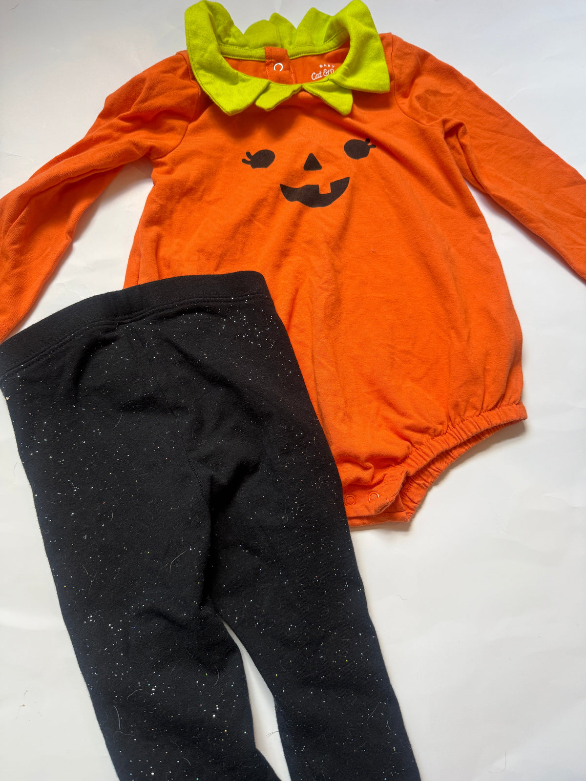 #170 cat and jack Jack O’ Lantern body suit with black sparkle leggings girls 18 months