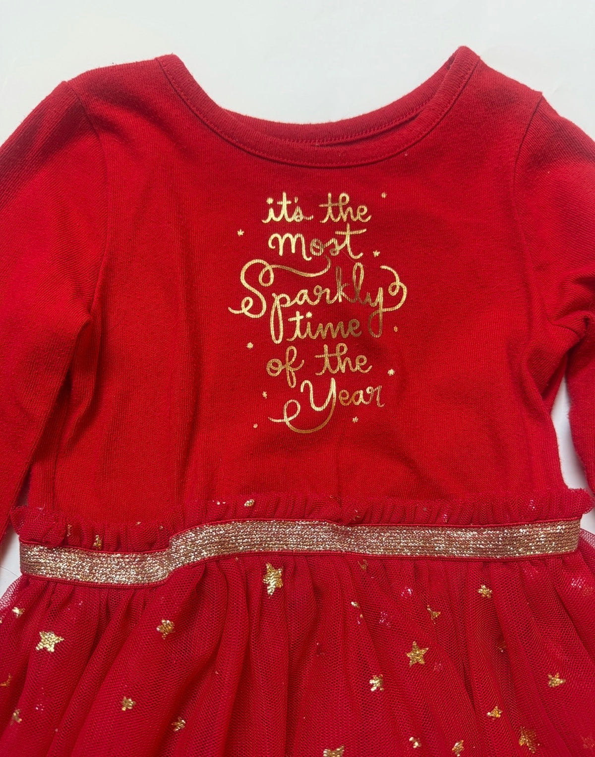 #170 Carters “It’s the most sparkly time of the year” red dress with tule gold starred skirt girls 18 months