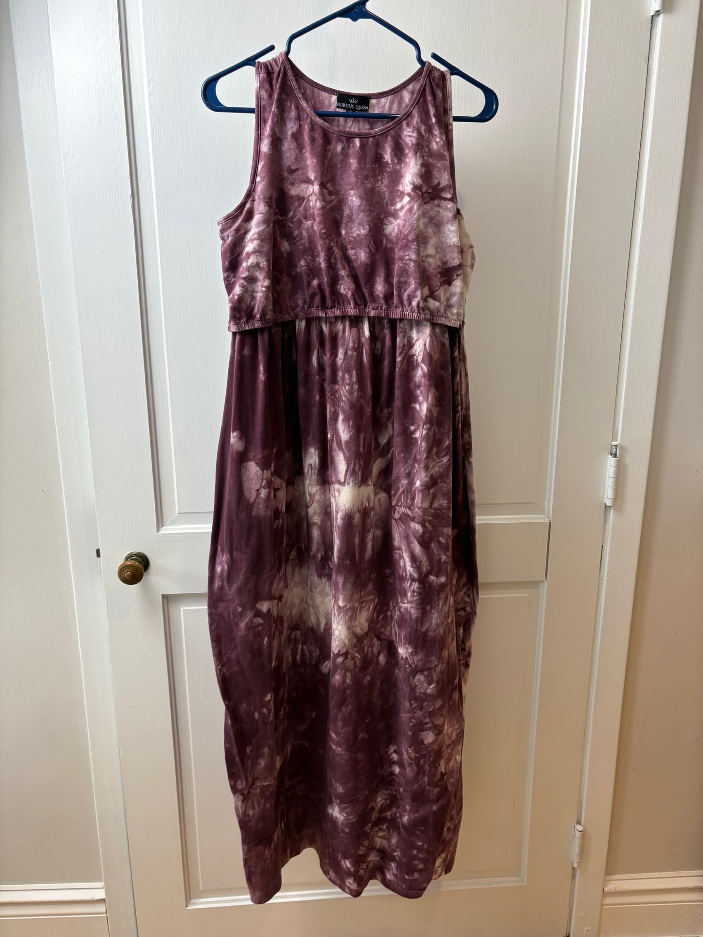 Seller 189 Women's XL Nursing Queen Purple Tie Dye Nursing Maxi Dress with Hidden Flap EUC