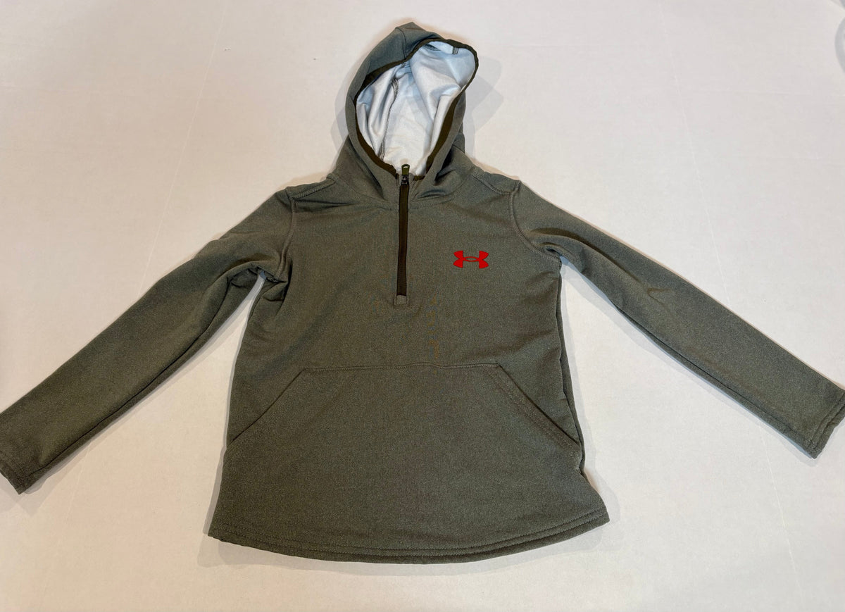 #25 Girls size 4 Under Armour olive green dri fit material 1/2 zip up hooded sweatshirt