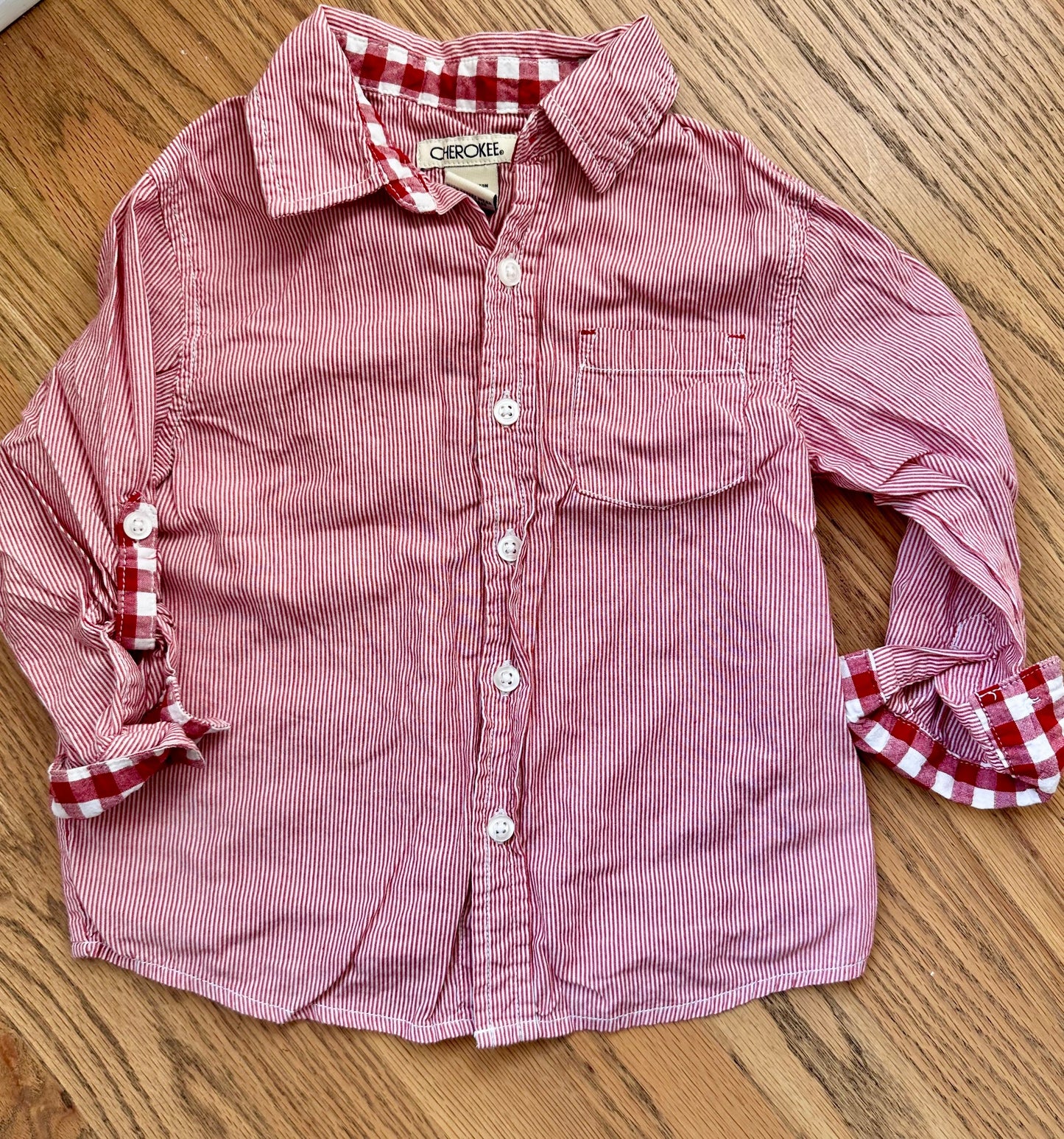 #198- Boys, Cherokee, Red Checkered Button-Up Shirt- Size 3T