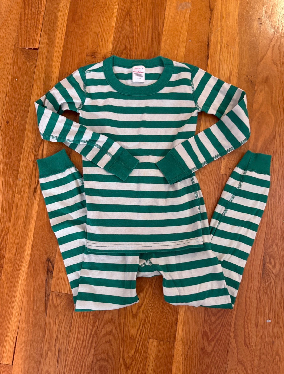 #116 Hanna Andersson green white strip pajamas size 6-7