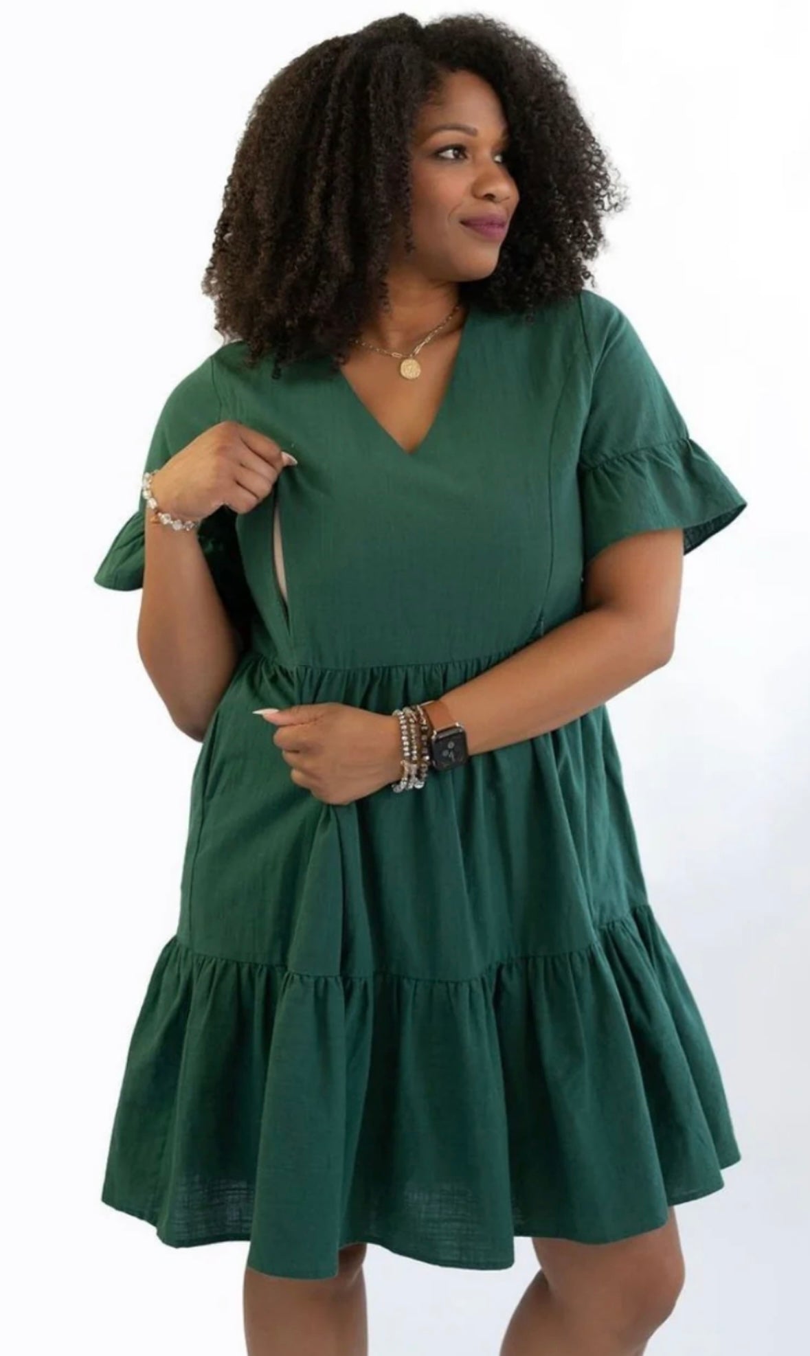 Seller 189 Women's XL Nursing Queen Green Bell Sleeve Nursing Dress with Pockets EUC