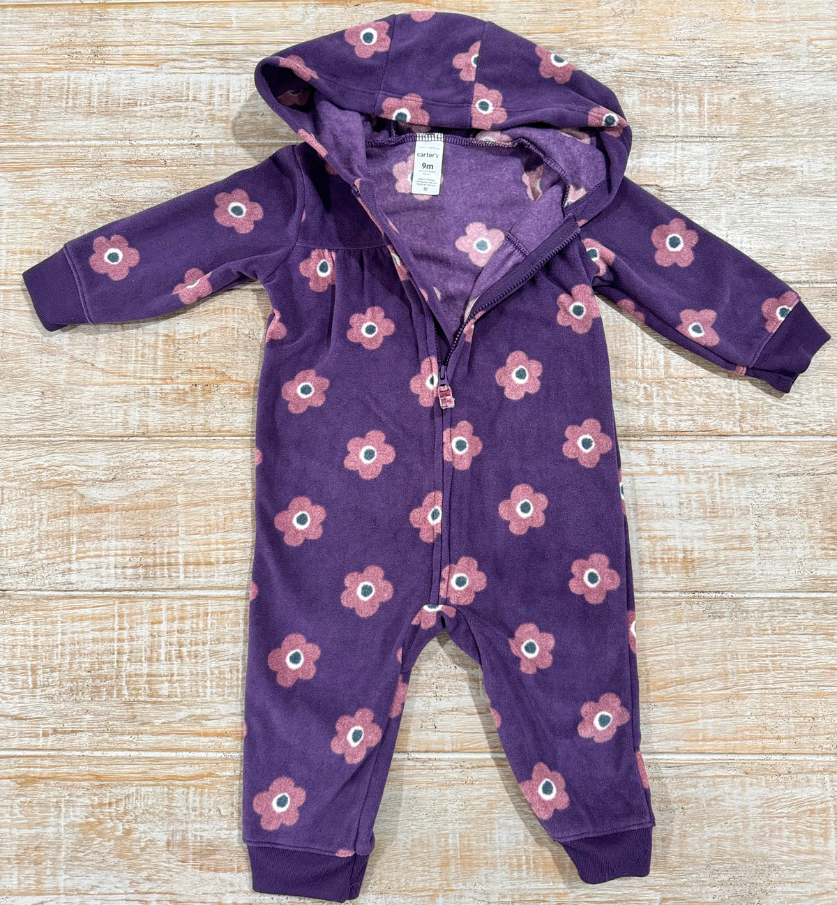 #108 Carters Microfleece Hooded Floral Zippy EUC Size 9M