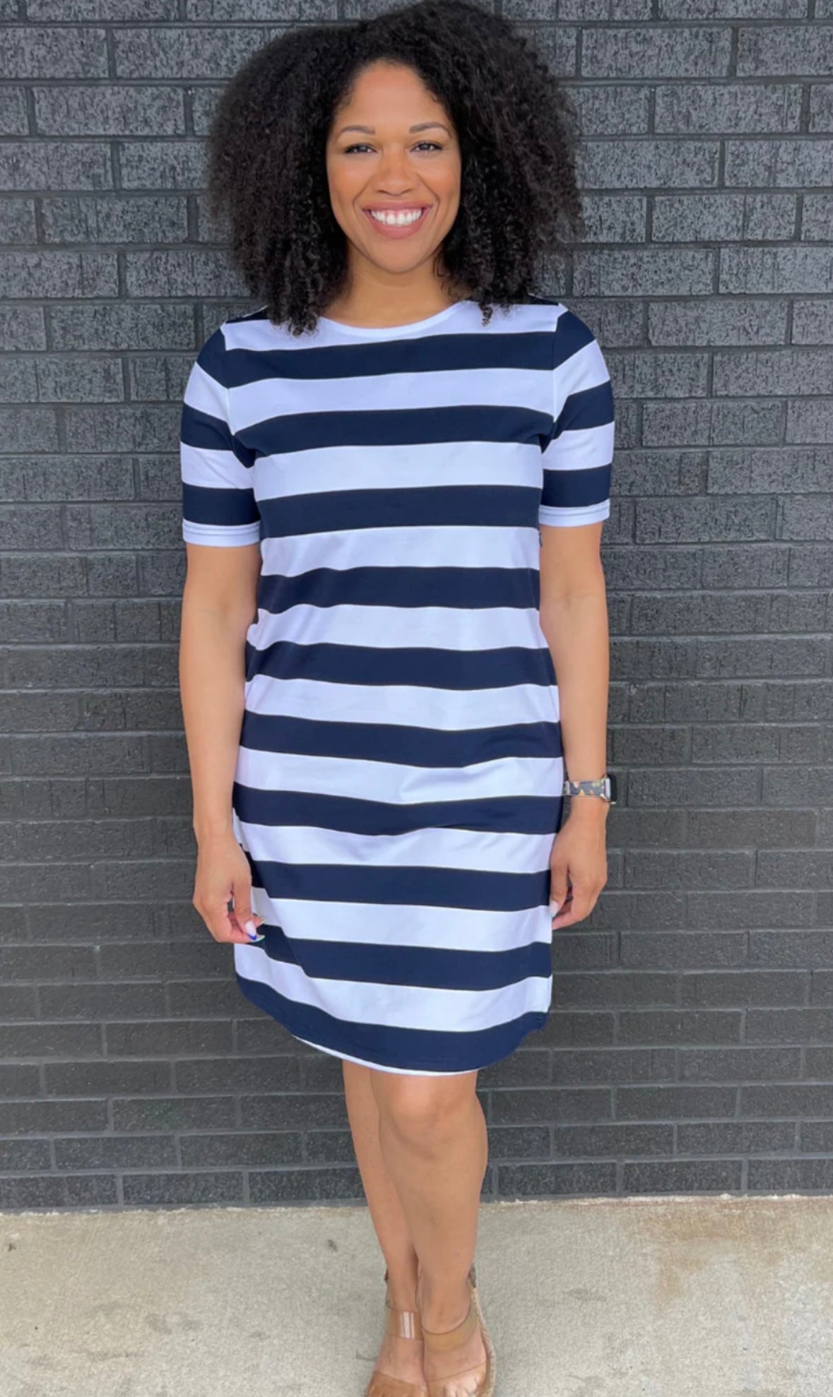 Seller 189 Women’s XL Nursing Queen Navy/White Wide Stripe Nursing Dress with Pockets GUC