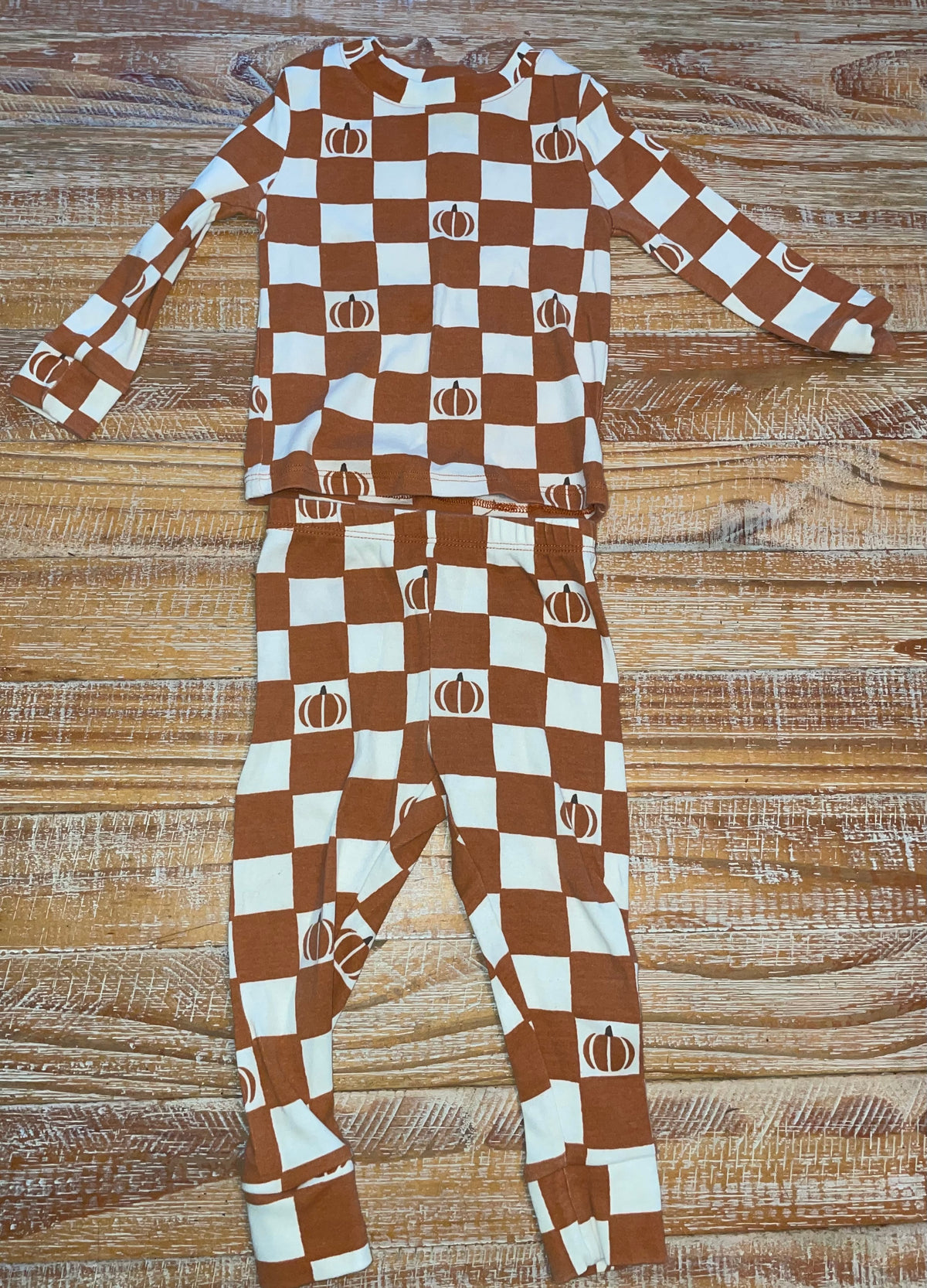 #4 Little Co. by Lauren Conrad Orange and White Checkered Pumpkins Long Sleeve Shirt with Pants Boys 9 months
