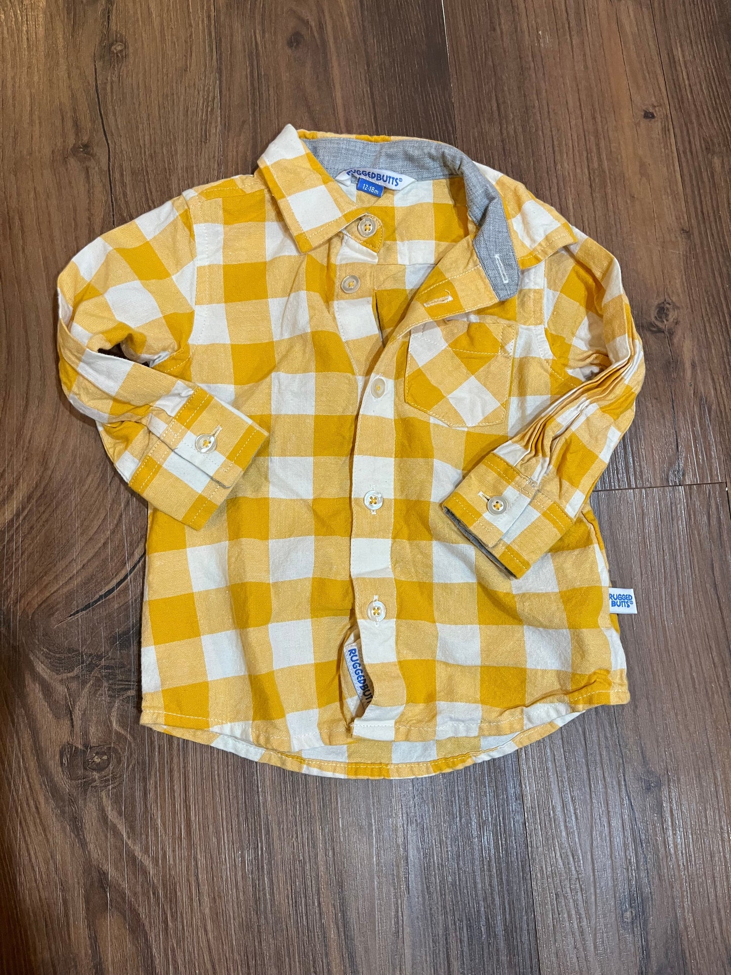 #67 Rugged Butts Yellow Plaid Button Up 12-18 Months