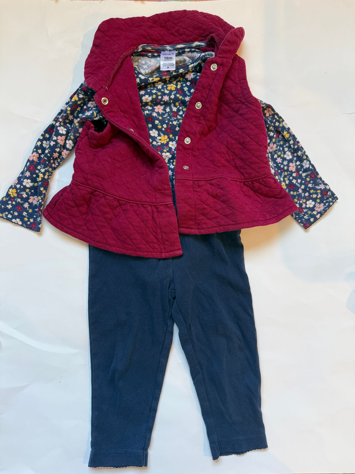 #170 Carters 3 piece outfit- navy leggings, maroon quilted vest and floral body suit girls 18 months