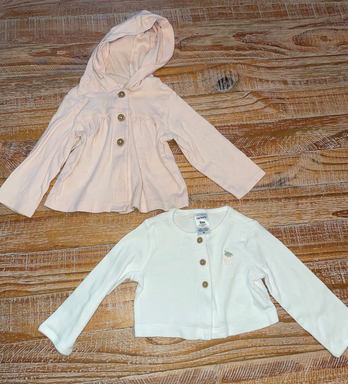 #4 Carter's Pink Hooded Long Sleeve and White Buttoned Cardigan Girls 9 months
