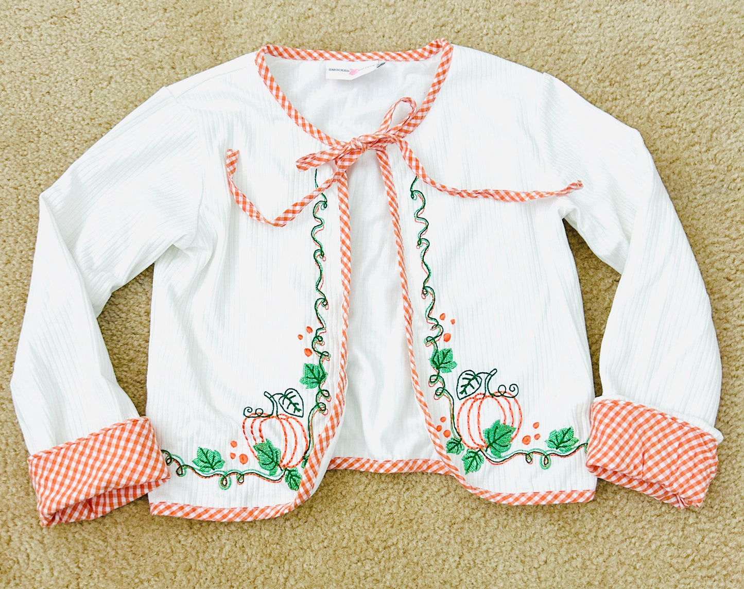 #15 Smocked Sweets 8Y Ribbed Embroidered Pumpkin Cardigan Never Worn!