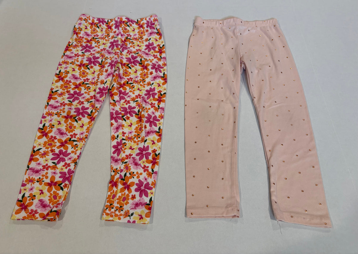 #25 Girls 2 pairs of leggings that both fit like size 4 - floral are Btween size 4, light pink with polka dots are Tahari size 5 but fit like size 4