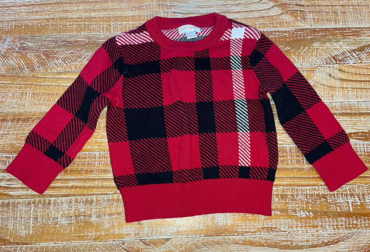 #4 Cat and Jack Red, Black and White Plaid Sweater Boys 12 months