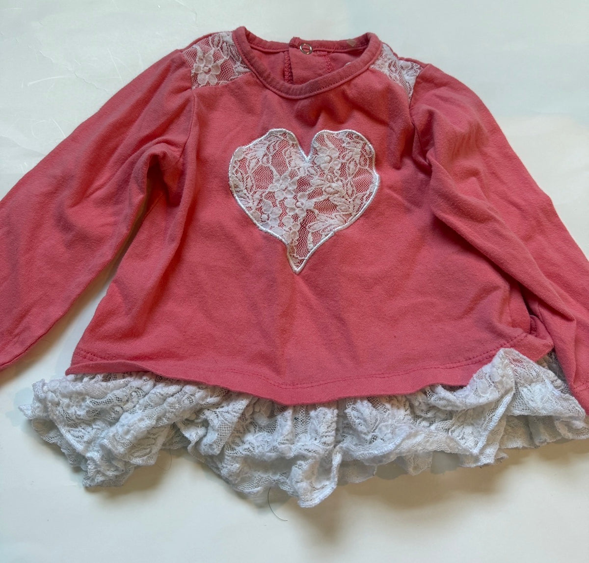 #170 Shirt bundle— carters light pink with tulle long sleeve shirt and baby gear long sleeve shirt with lace heart and lace around bottom. Girls 18 months