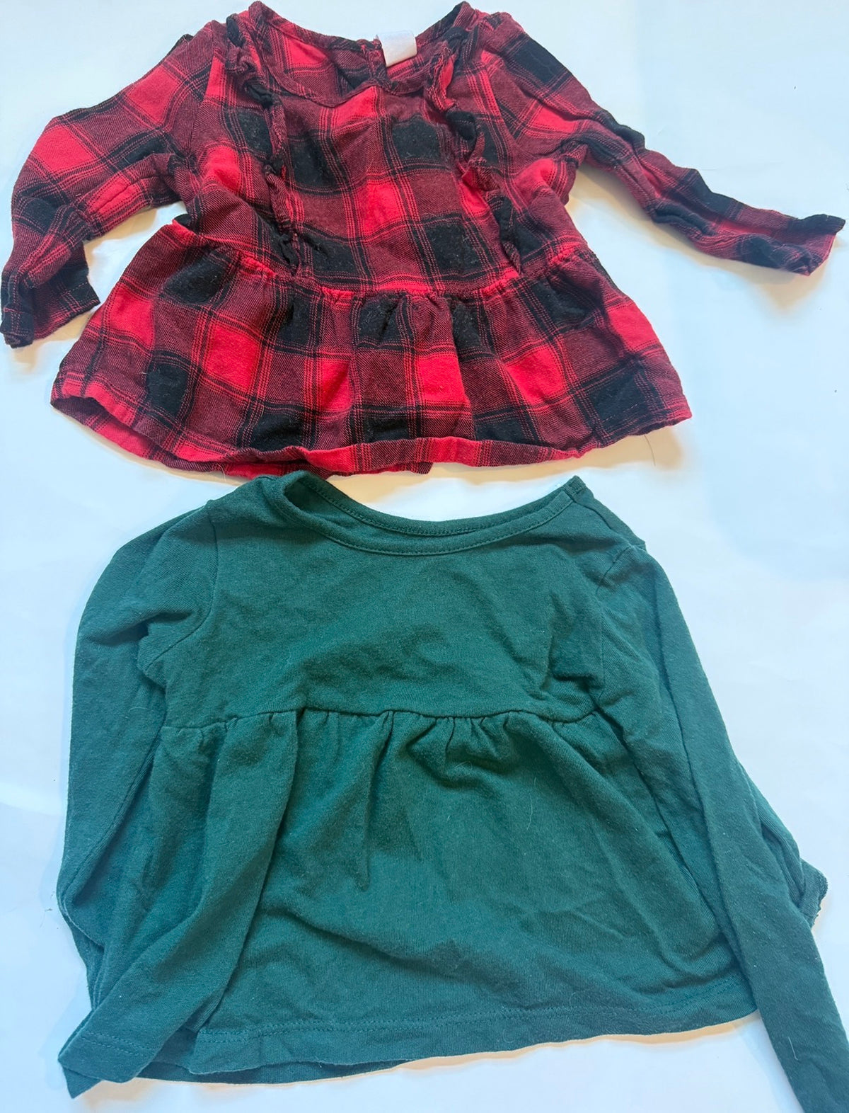#170 winter shirt bundle of 2. Gap buffalo plaid with ruffles and Children’s place hunter green girls 12-18 months