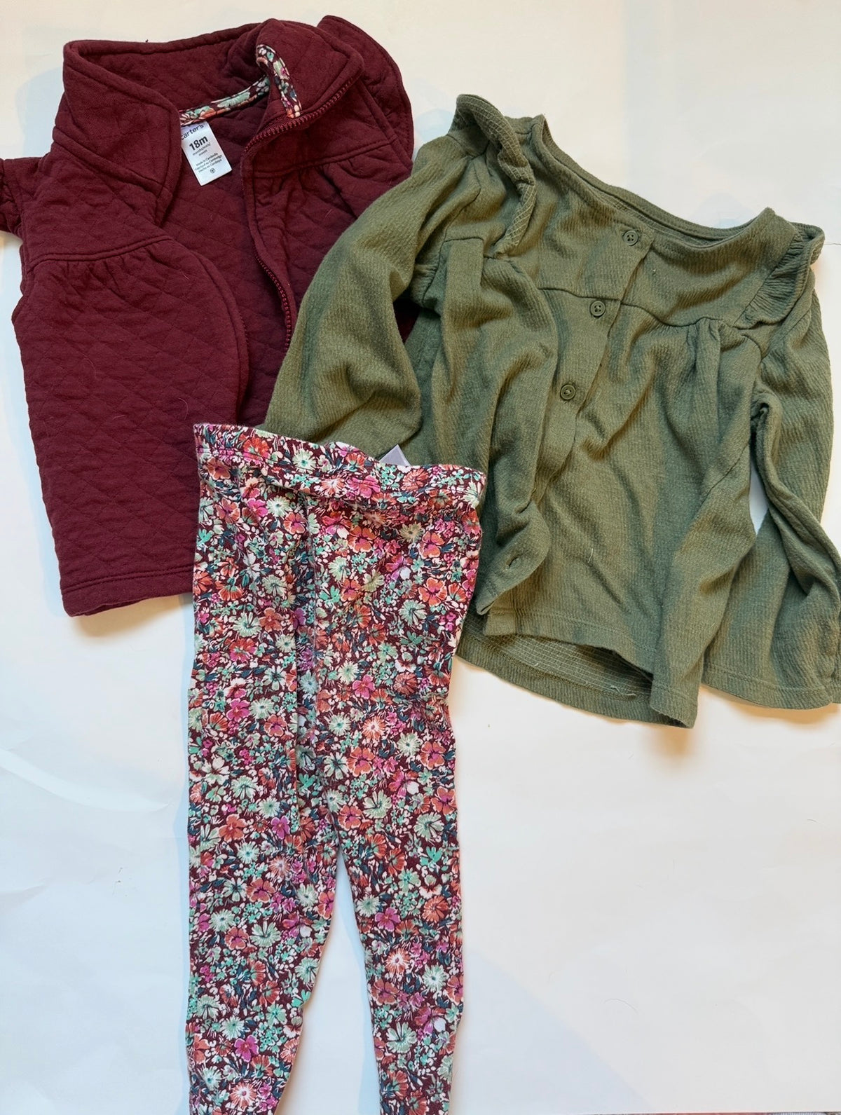 #170 Carters outfit set 3 pieces, red quilted vest, button up green flowy shirt and floral leggings girls 18 months
