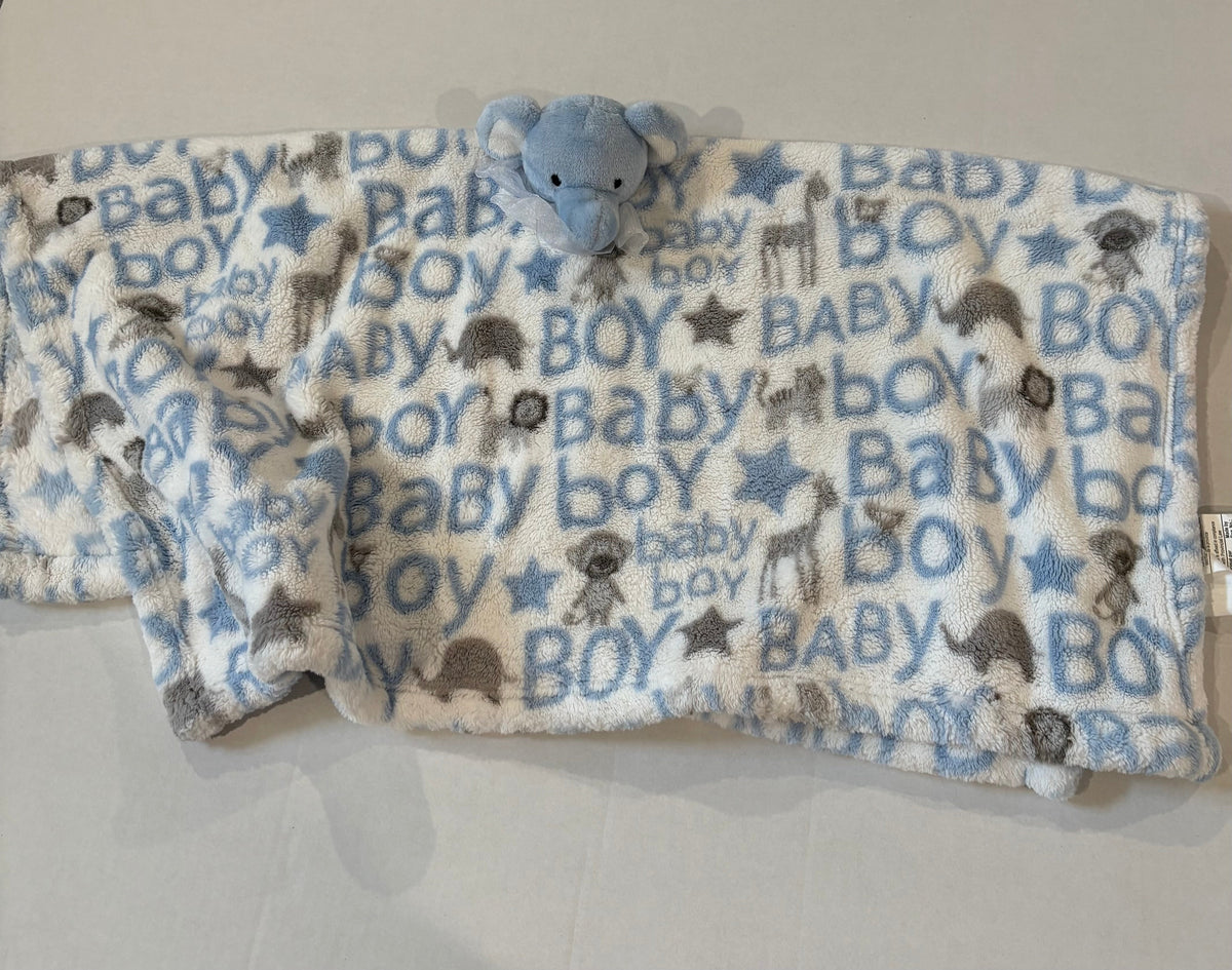 #25 Blue and white with elephant attached baby blanket