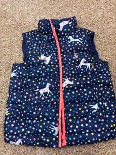 #47 girls 4T Joules navy puffer vest, reversible unicorn
