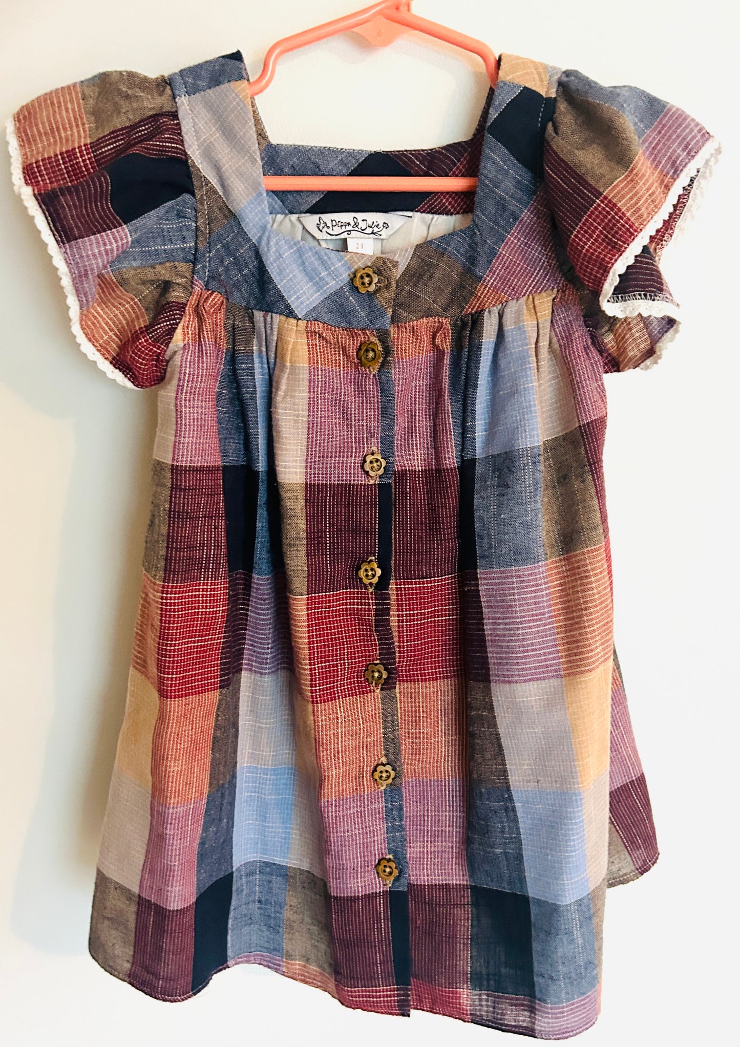 #15 Pippa and Julie 2t Fall Plaid Dress with Wooden Floral Buttons