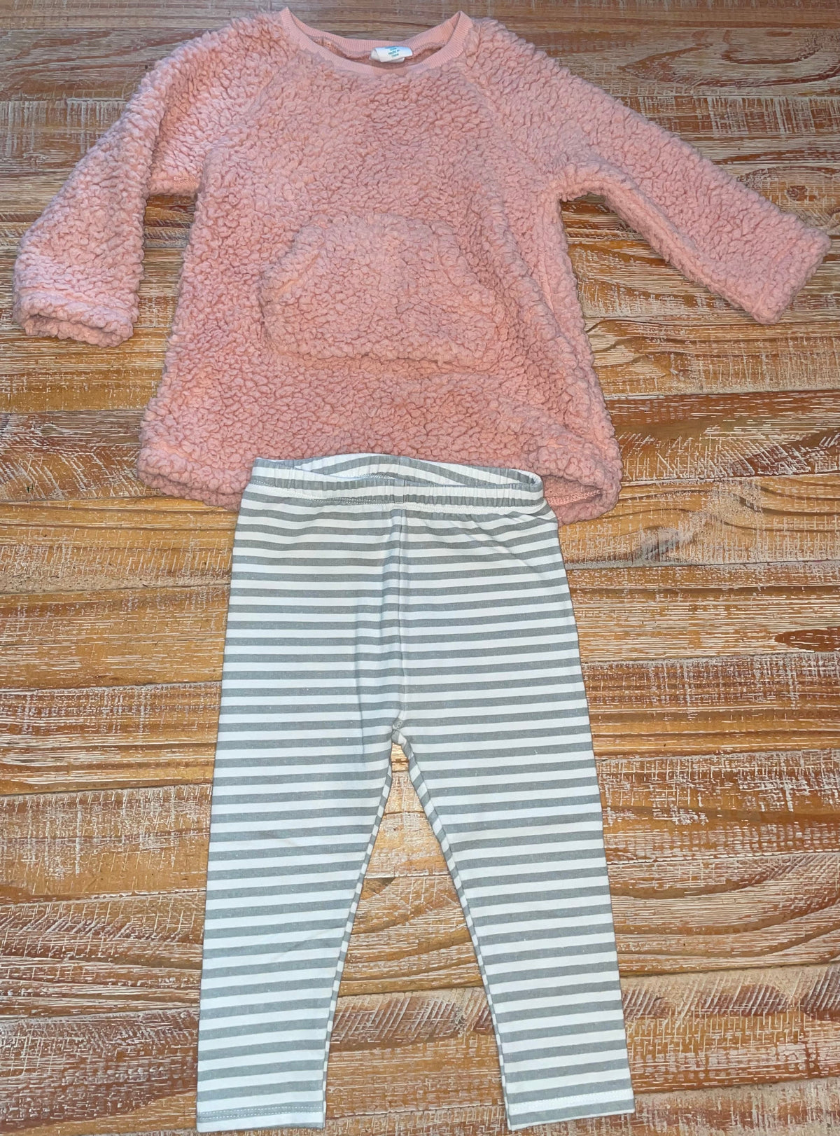 #4 Mighty Goods Pink Fleece Sweater with Grey Striped Leggings Girls 24 months