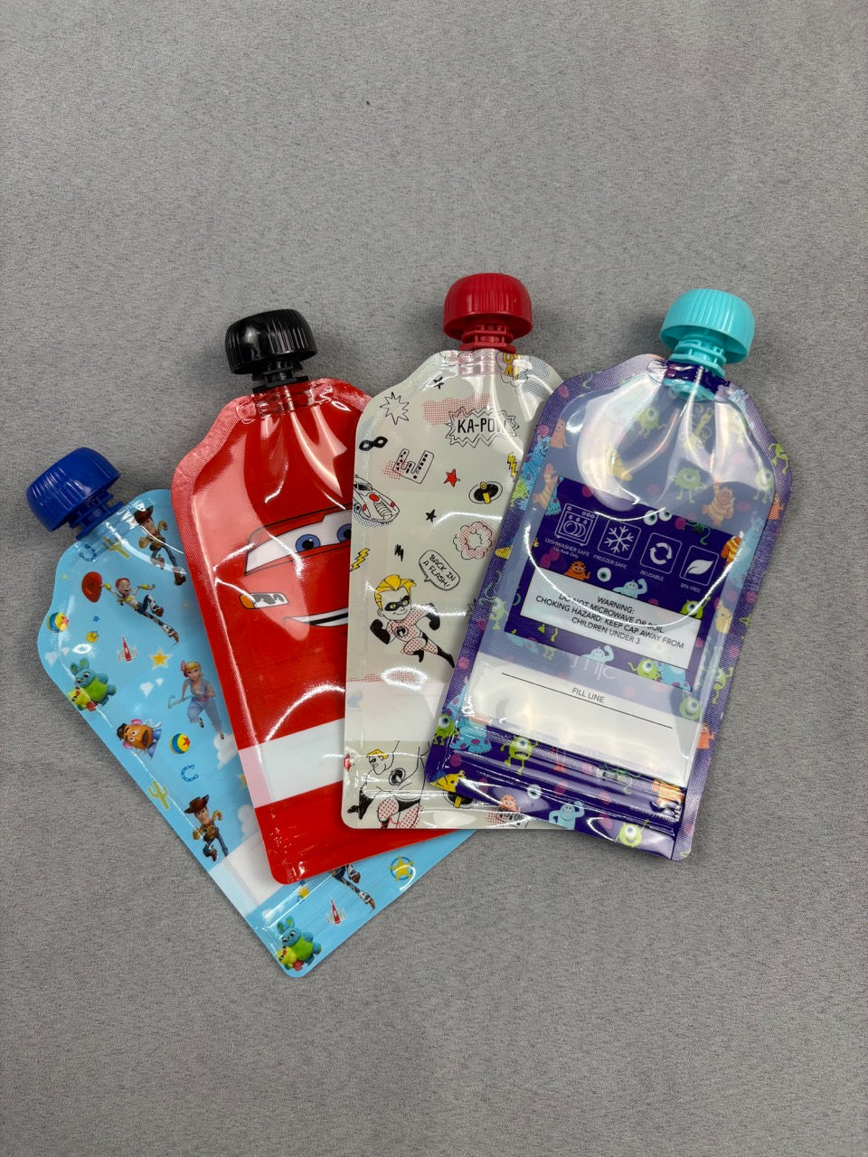 #39 Reusable Food Pouches (4), Pixar themed, New
