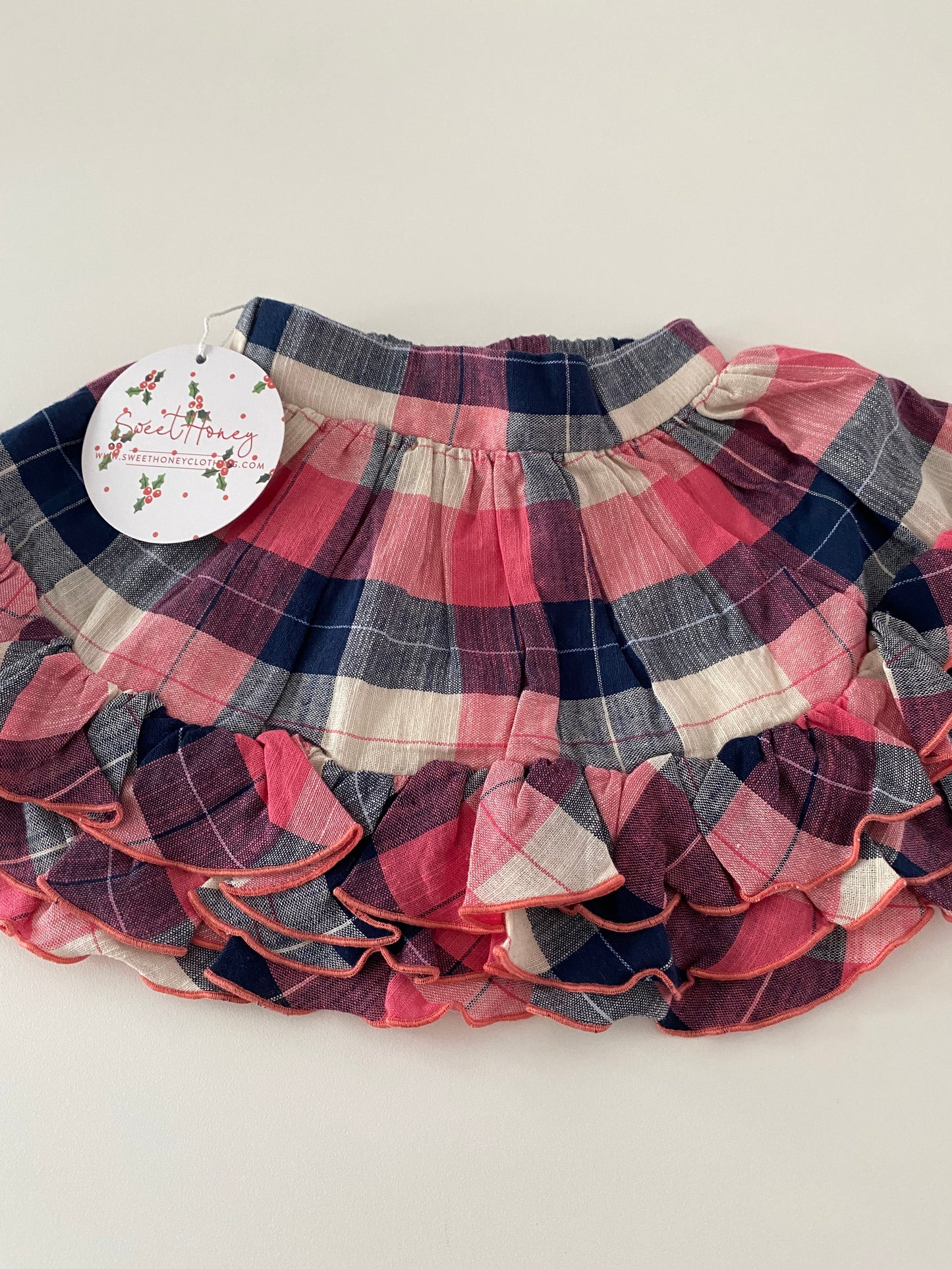 #117, SweetHoney pink/blue plaid ruffle skort, Girls 12M