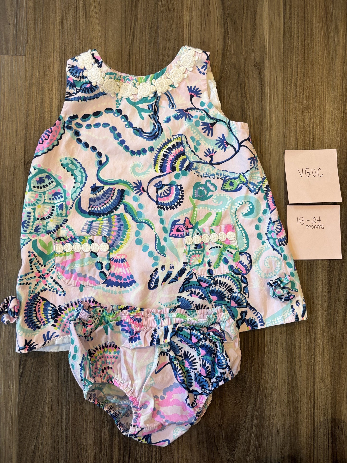 #77 - 18-24 Mo - VGUC Lilly Pulitzer - Light Pink SeashellShift dress with diaper cover