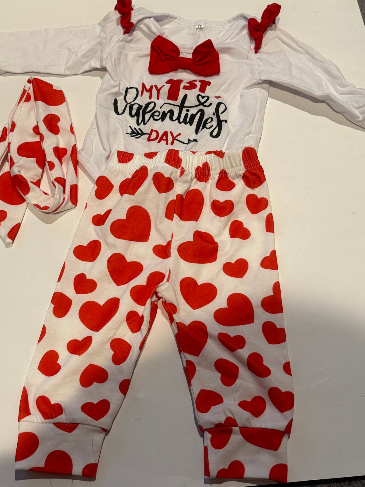 #170 My First Valtentines Day 3 piece outfit—body suit, pants with tie belt and headband/bow girls 3 months