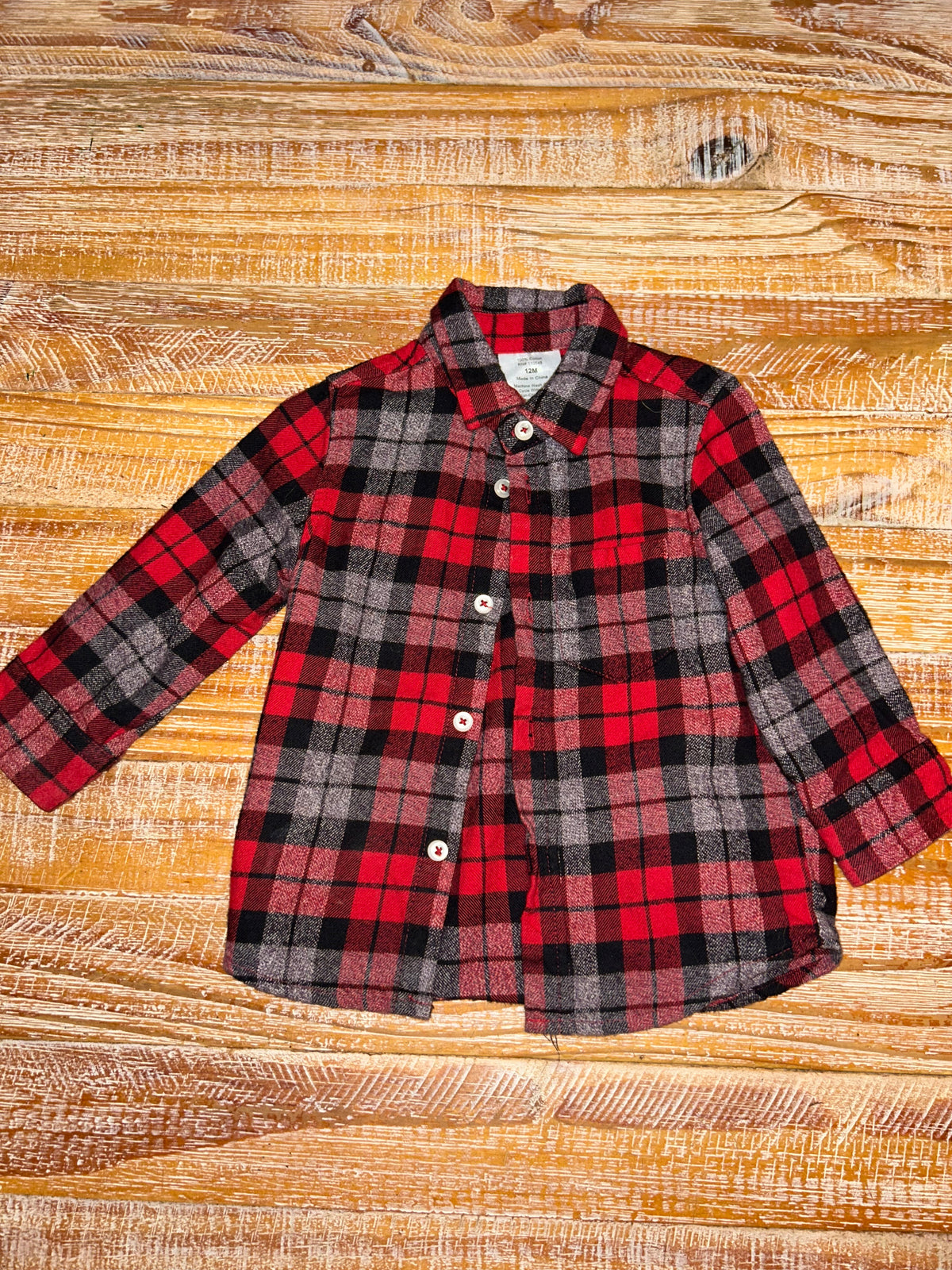 #4 Red and Black Plaid Button Up Long Sleeve Boys 12 months