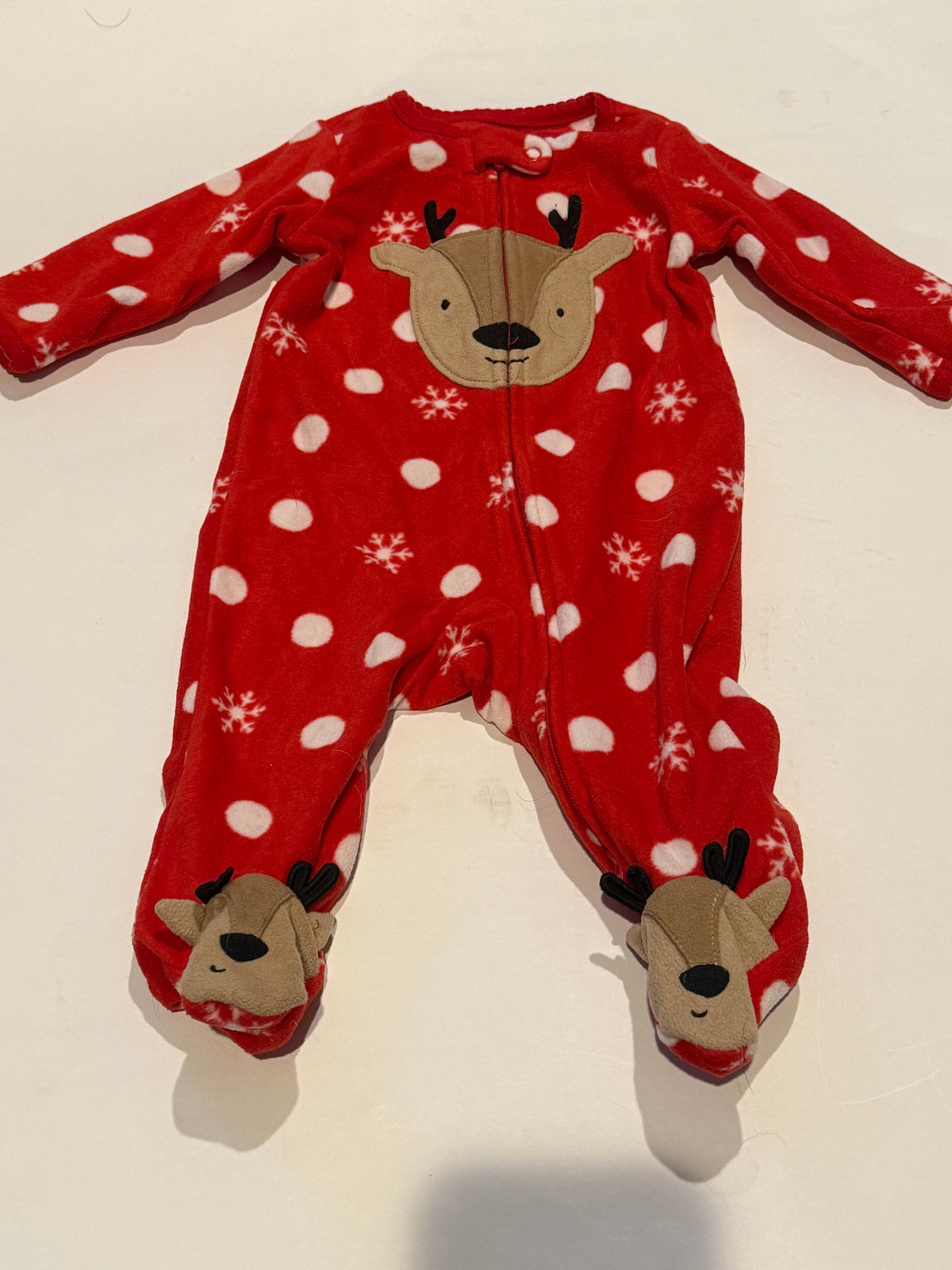 #170 Carters winter fleece PJ red with white polka dots and snow flakes and reindeer on front and feet girls 3 months