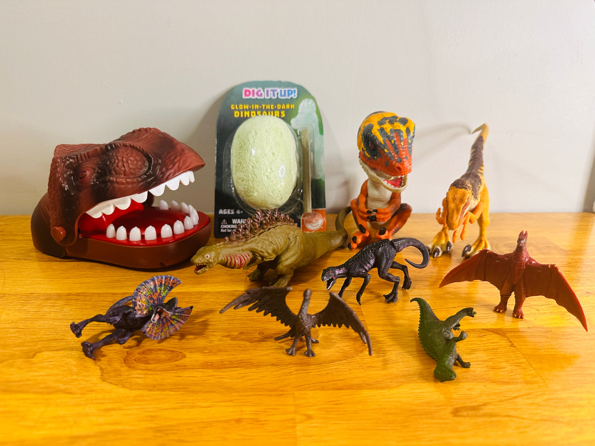 #163 Lot of Dinosaur Figures, including Velociraptor Fingerling and Dinosaur Dentist Game