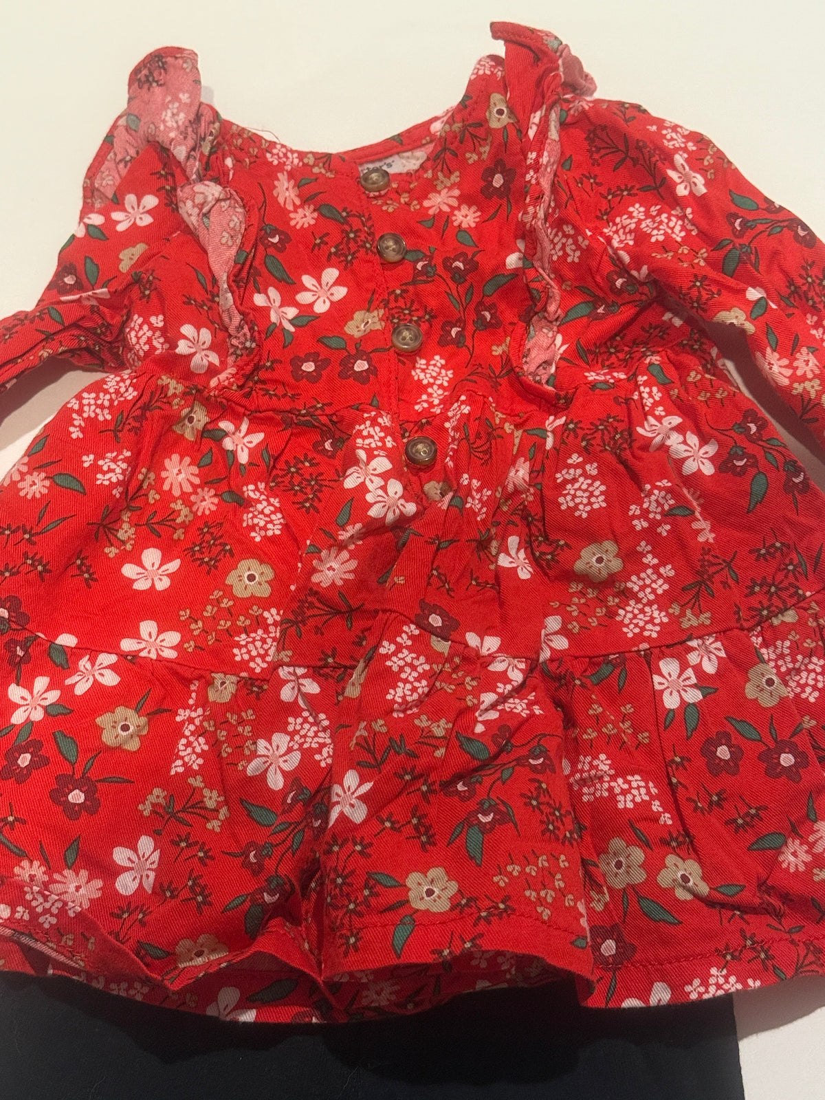 #170 Carters red holiday floral button down shirt with black pants girls 3 months