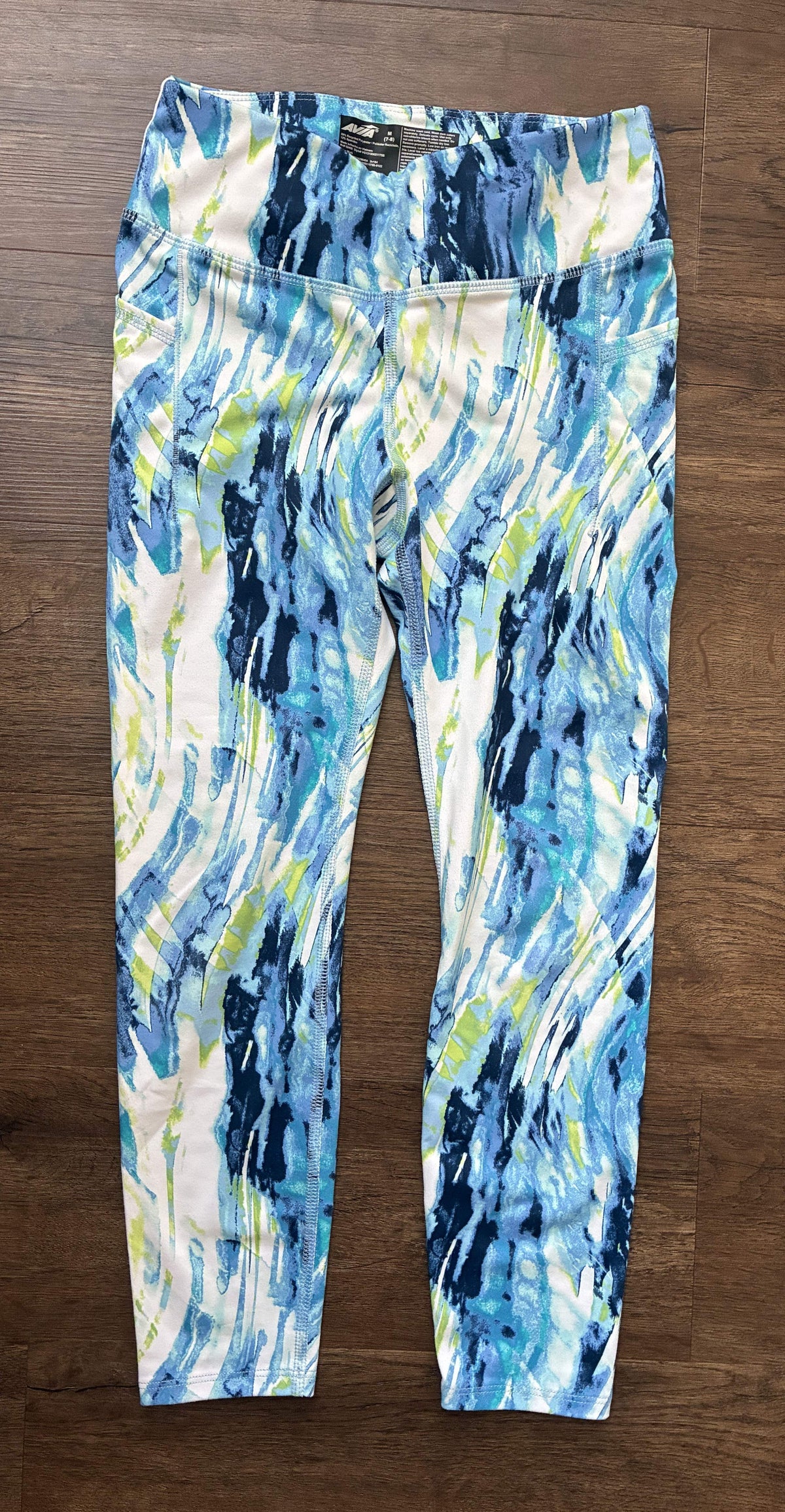 #126 EUC 2 Pairs Athletic Leggings - Black Flare & Blue Multi-Colored Girls M 7/8