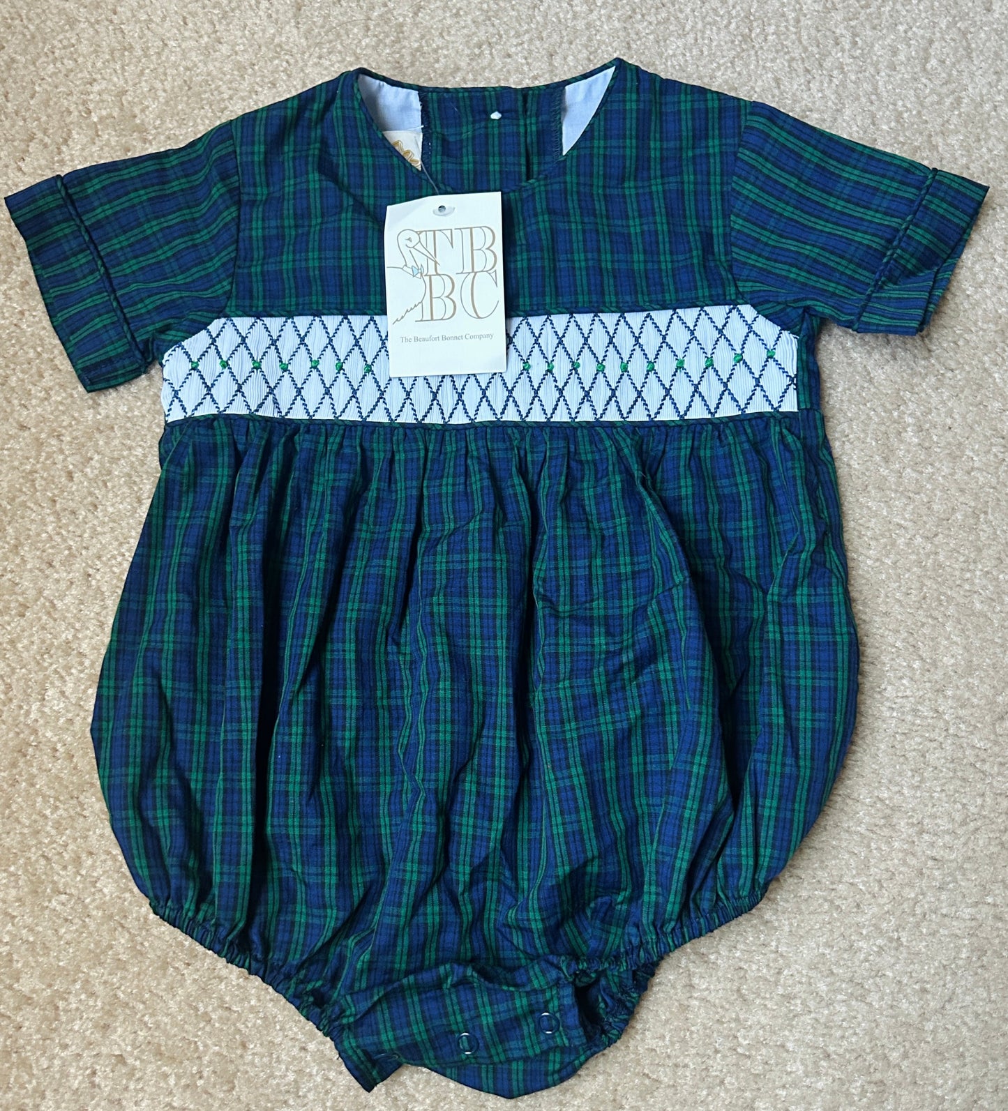 #15 TBBC 18-24m Plaid Smocked Holiday Bubble Romper