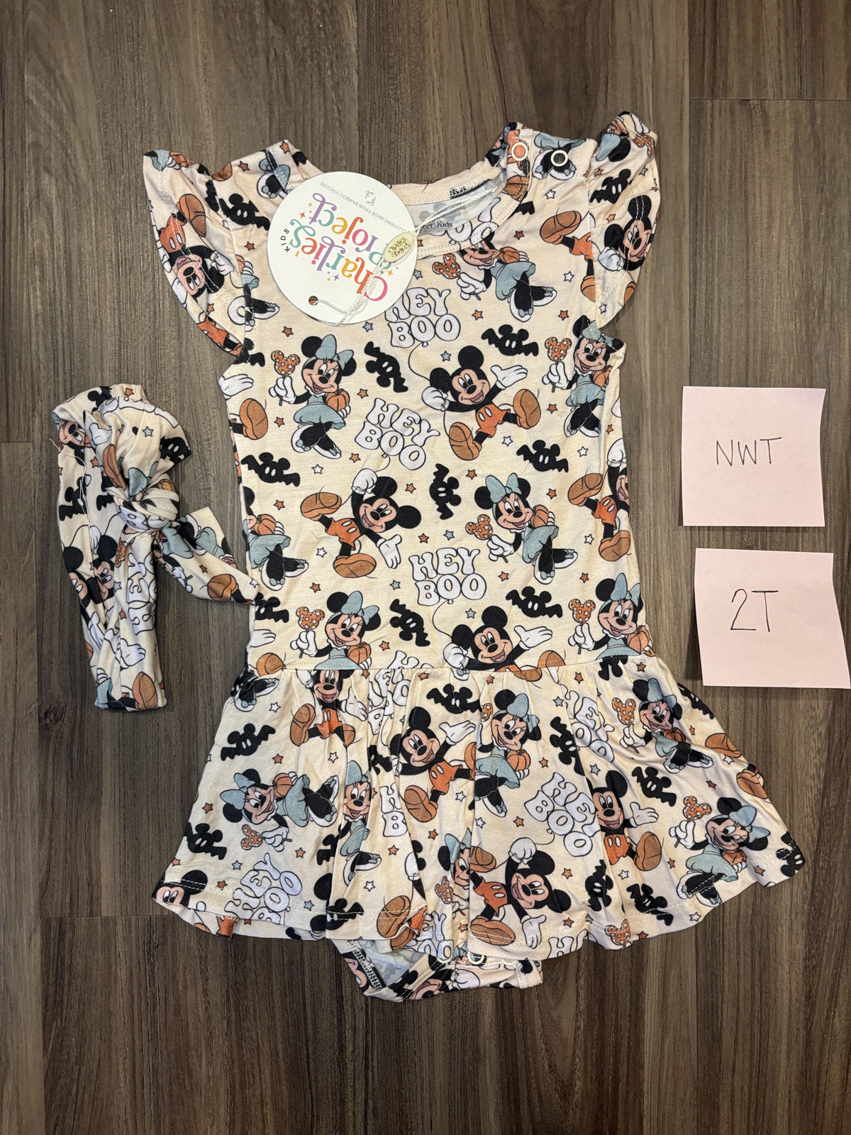 #138 - 2T NWT Bamboo Charlie's Project Hey Boo Minnie/Mickey SS Twirl + Headband