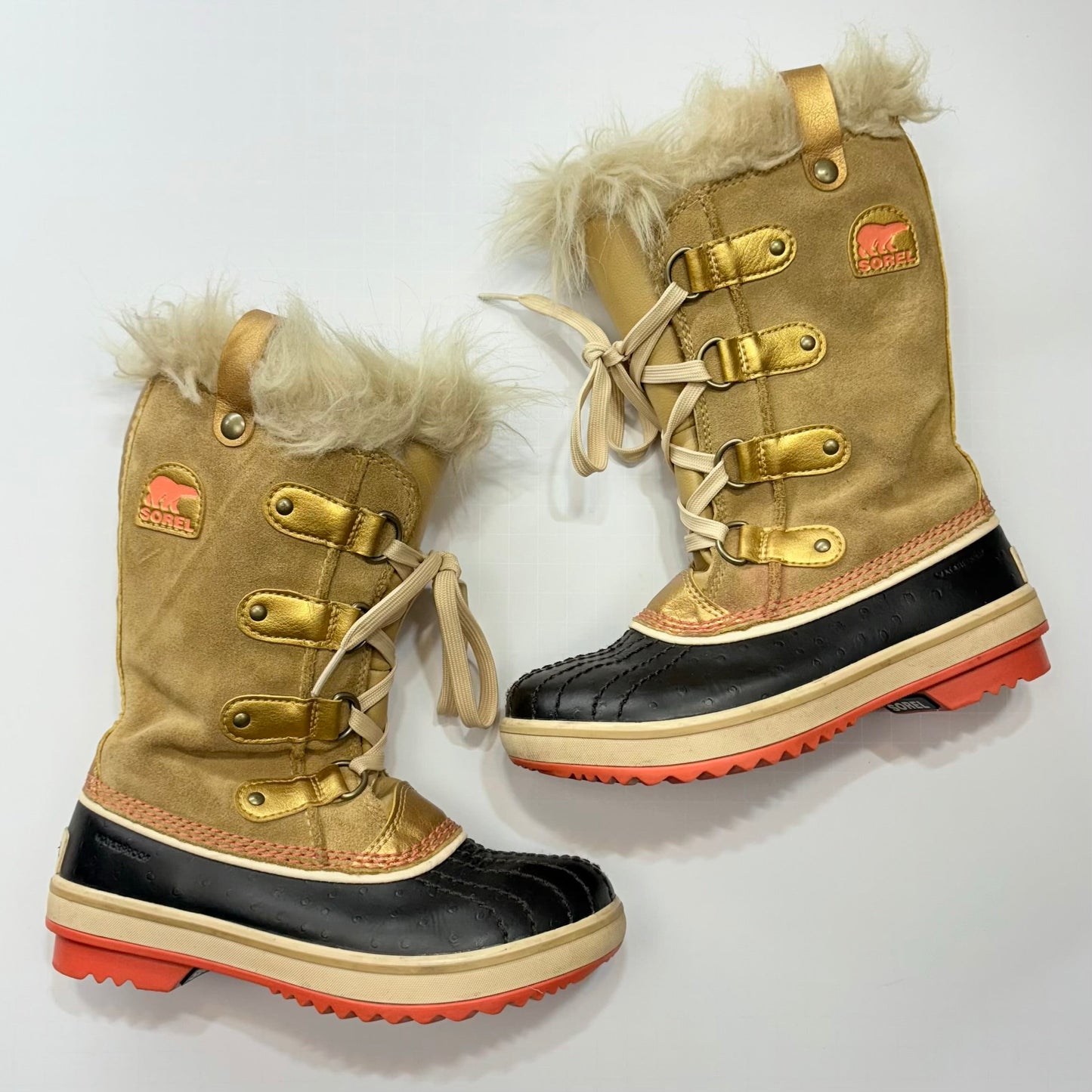 Seller 189 Girls Size 1 Sorel Tofino Joan of Arctic Tan & Gold Waterproof Snow Boots EUC